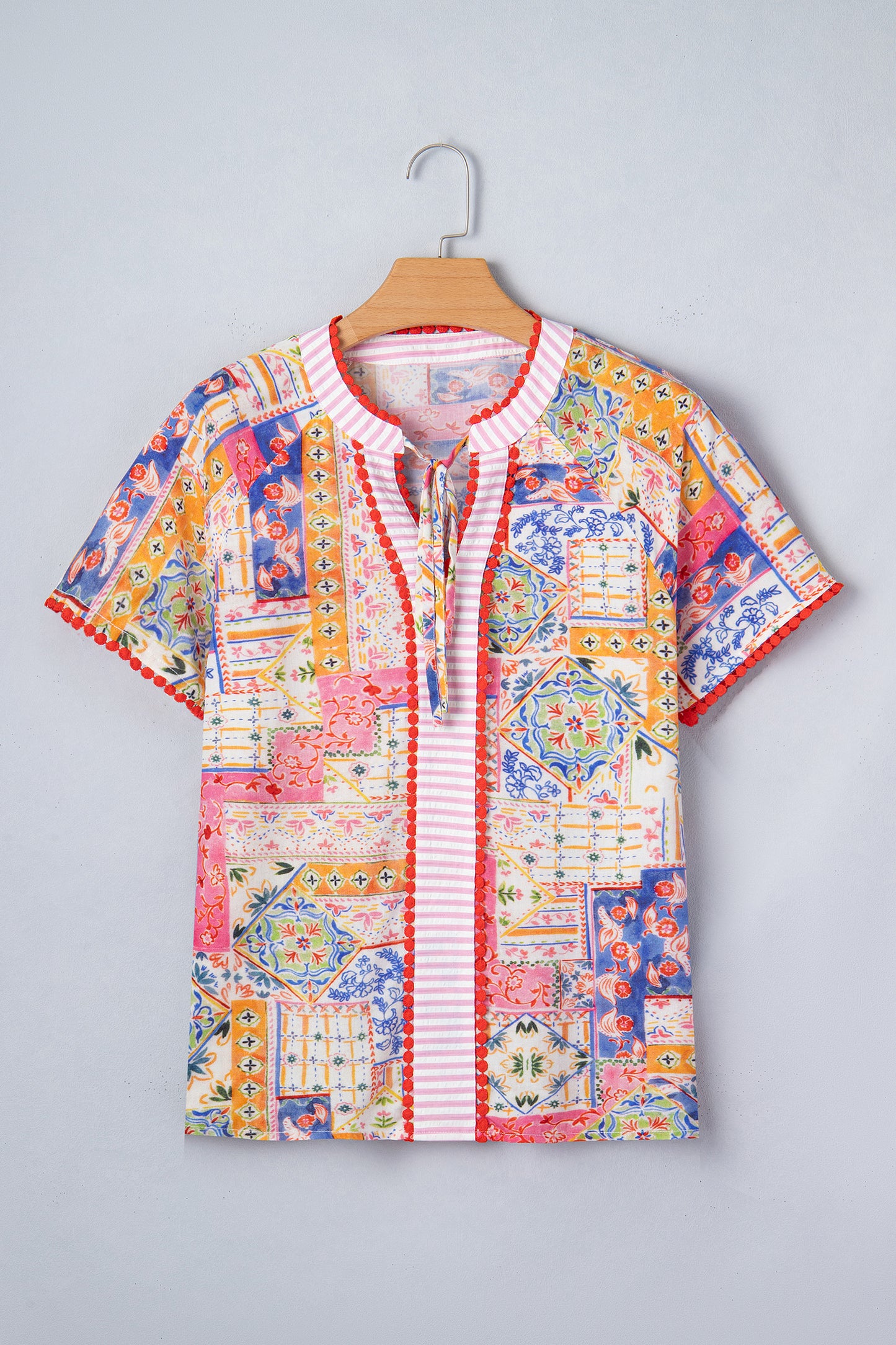 Red Mixed Print V Neck Short Sleeve Blouse-Tops/Blouses & Shirts-[Adult]-[Female]-2022 Online Blue Zone Planet
