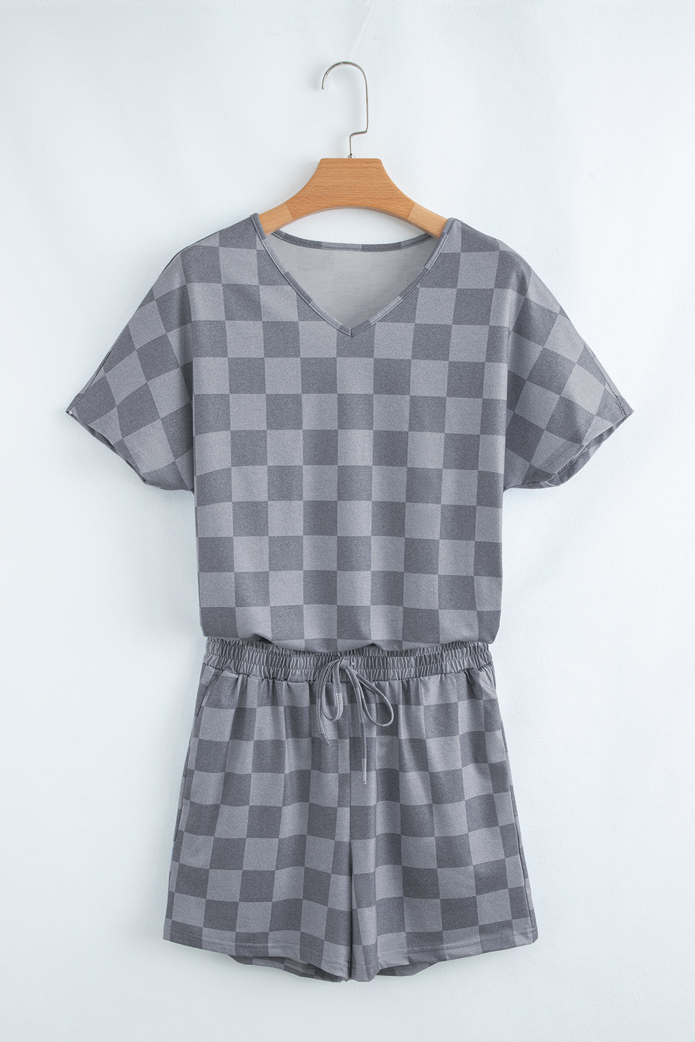 Gray Checkered V Neck Tee Drawstring Shorts Lounge Set-Loungewear & Sleepwear/Loungewear-[Adult]-[Female]-2022 Online Blue Zone Planet
