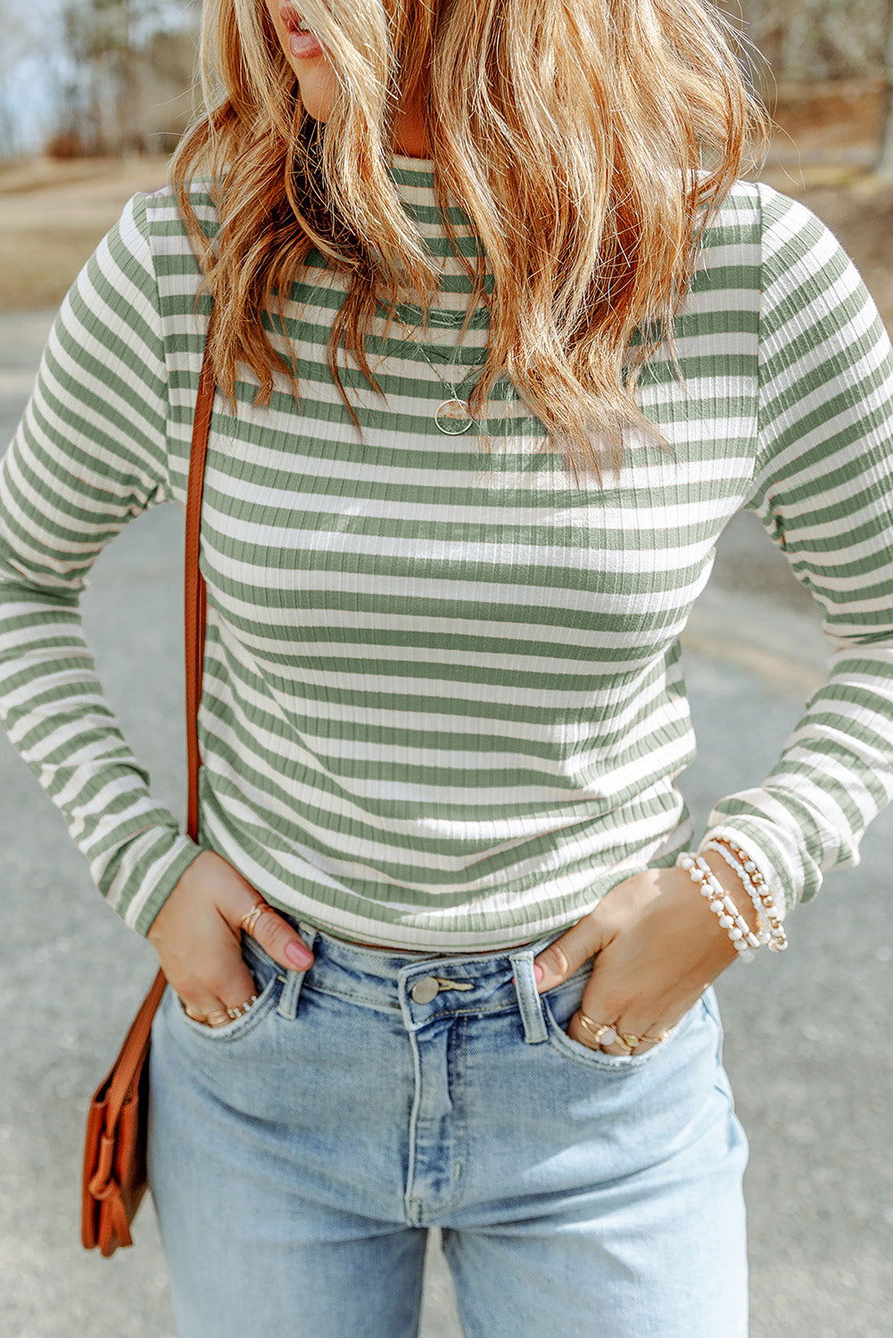 Striped Mock Neck Long Sleeve Top BLUE ZONE PLANET