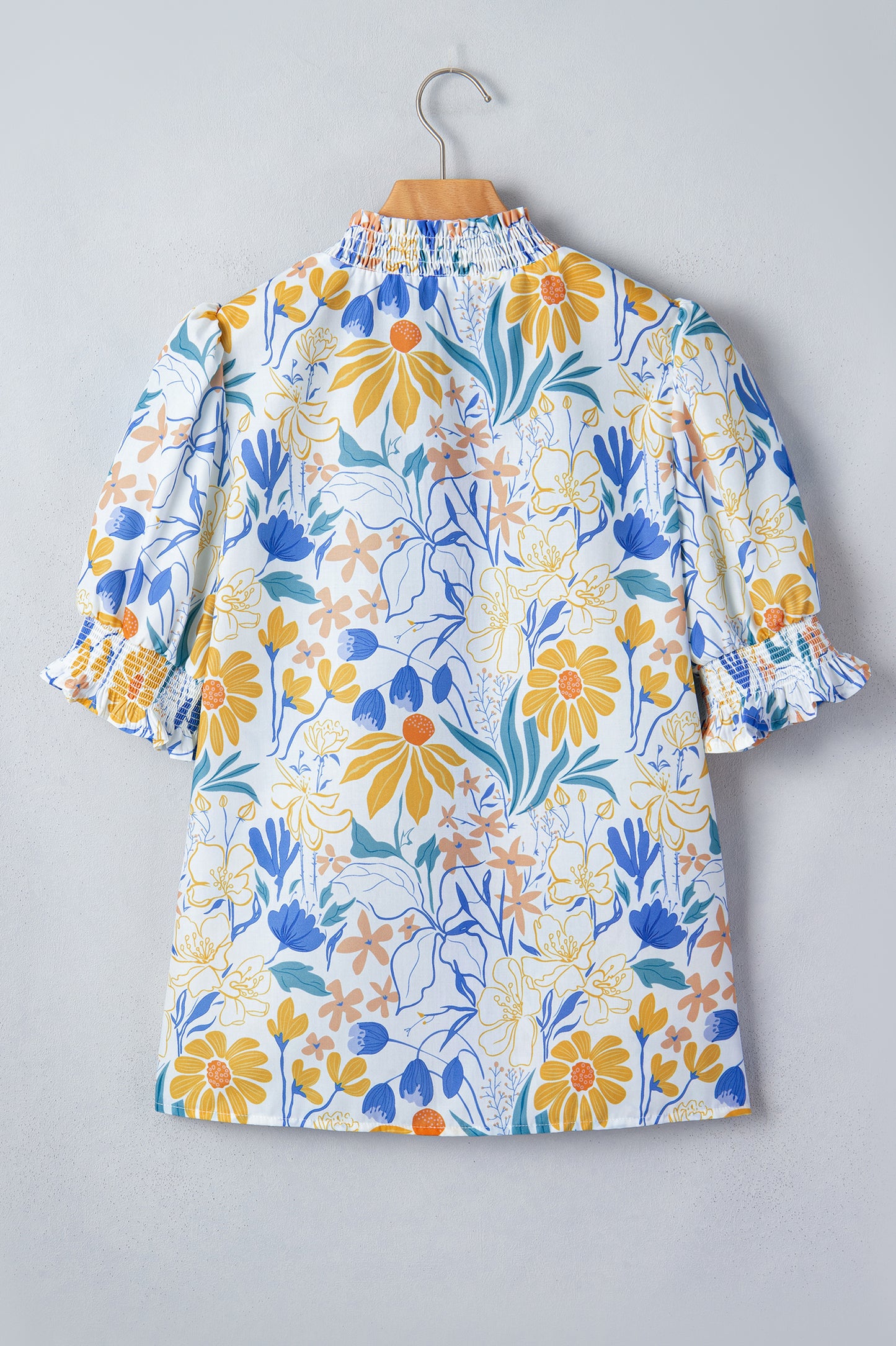 Yellow Floral Print Striped Trim V Neck Puff Sleeve Blouse-Tops/Blouses & Shirts-[Adult]-[Female]-2022 Online Blue Zone Planet