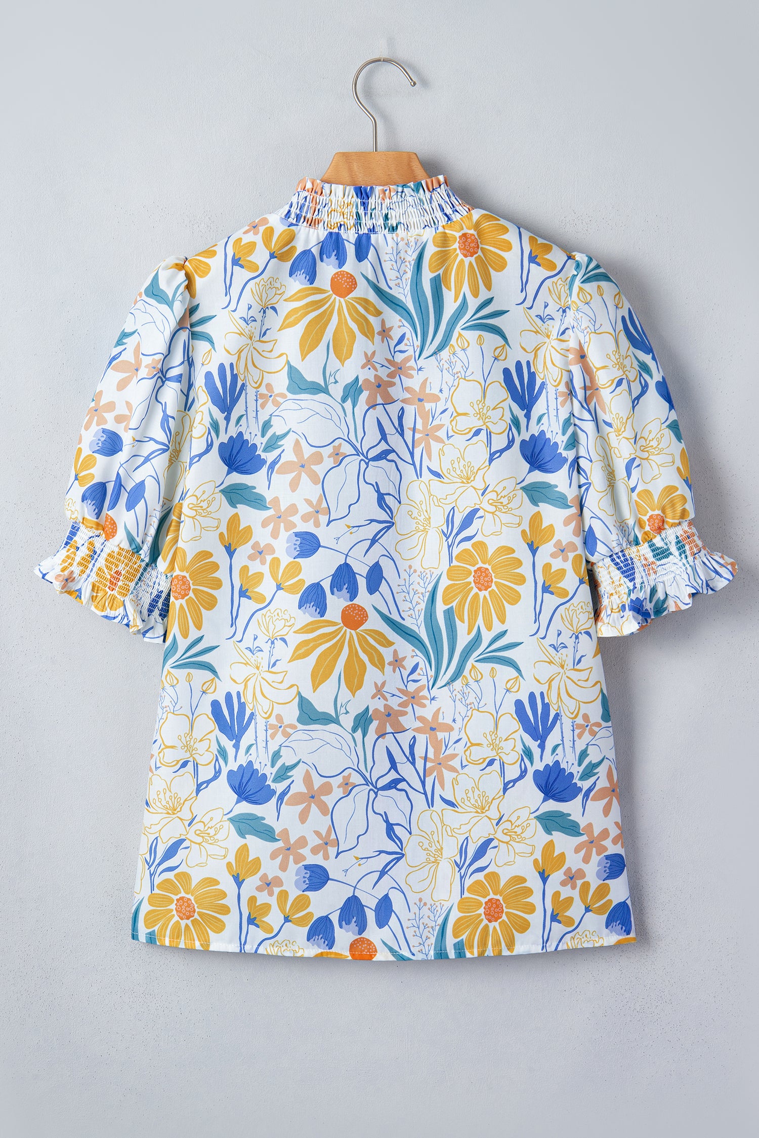 Yellow Floral Print Striped Trim V Neck Puff Sleeve Blouse-Tops/Blouses & Shirts-[Adult]-[Female]-2022 Online Blue Zone Planet