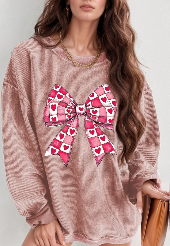 Valentine’s Day Bow Drop Shoulder Long Sleeve Sweatshirt-TOPS / DRESSES-[Adult]-[Female]-Dusty Pink-S-2022 Online Blue Zone Planet