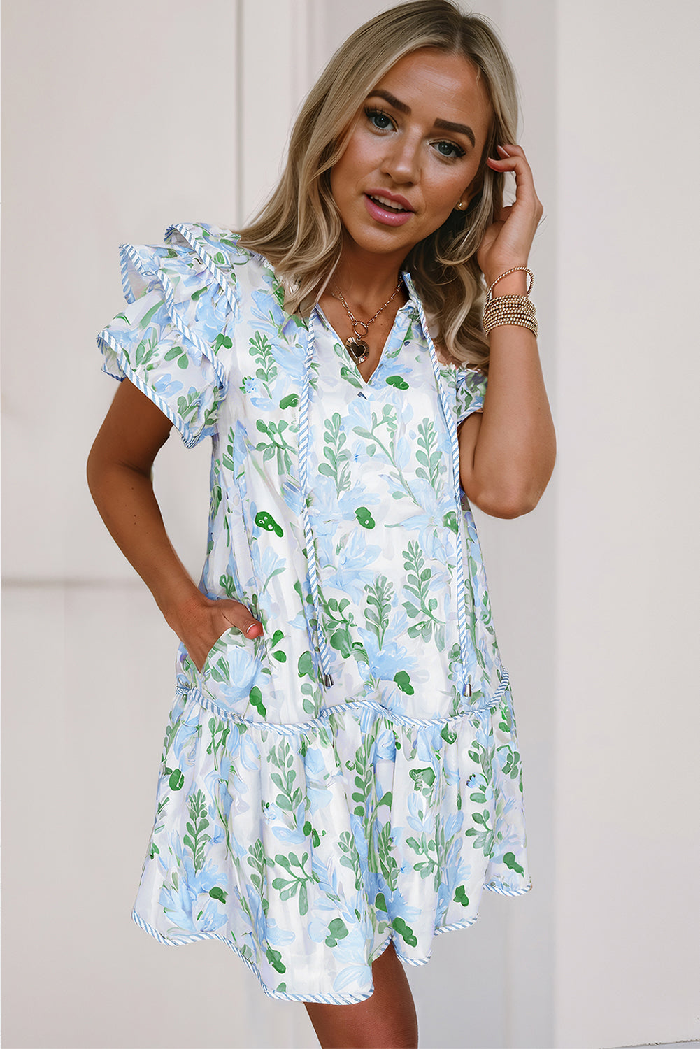 Floral Contrast Edge Layered Short Sleeve Mini Dress - Sunny Angela Sky Blue / S Floral Contrast Edge Layered Short Sleeve Mini Dress - Sunny Angela Sky Blue / S