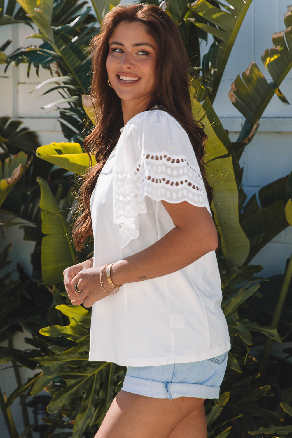 White Hollow Out Embroidered Short Sleeve O Neck Top-Tops/Tops & Tees-[Adult]-[Female]-2022 Online Blue Zone Planet