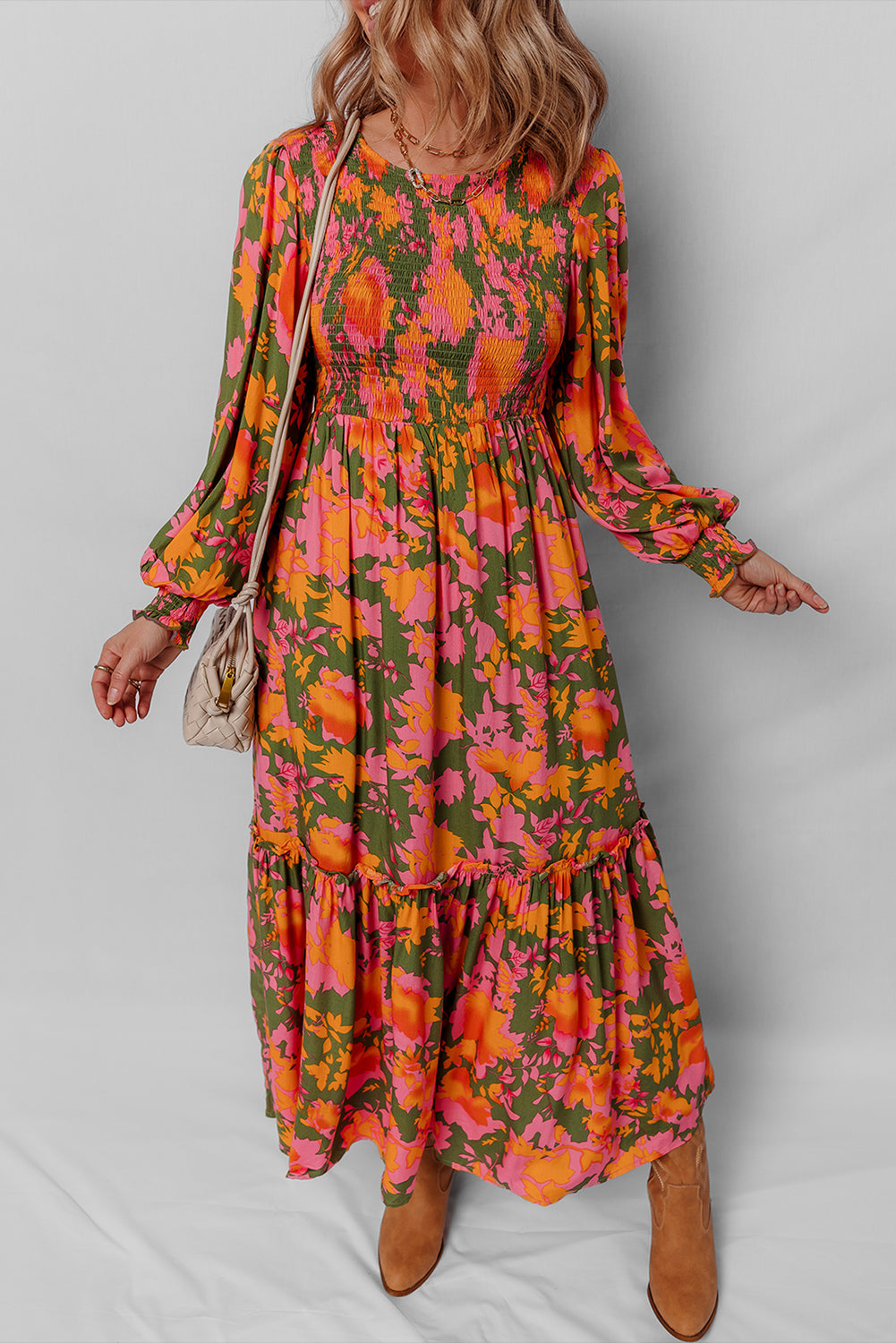 Orange Floral Puff Sleeve Smocked Bodice Ruffled Long Dress-TOPS / DRESSES-[Adult]-[Female]-2022 Online Blue Zone Planet