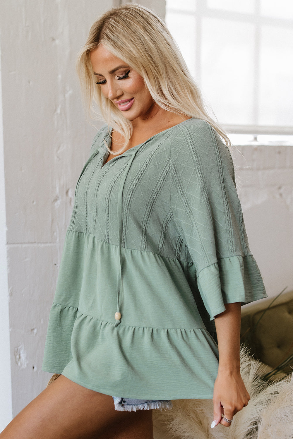 Laurel Green Tie Split Neck Textured Ruffle Patchwork Blouse-Tops/Blouses & Shirts-[Adult]-[Female]-2022 Online Blue Zone Planet