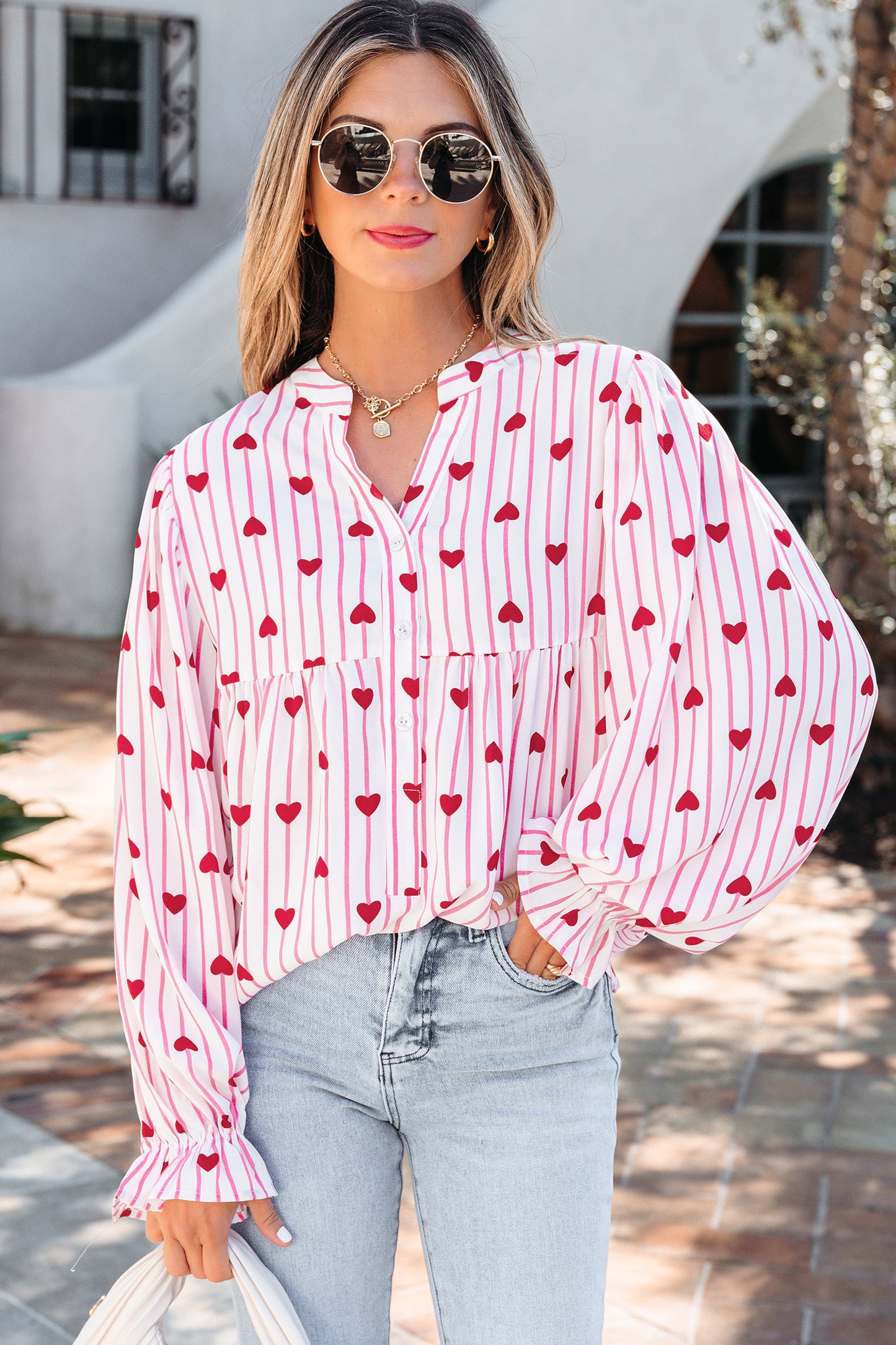 Pink Stripe Textured Heart Print Long Flounce Sleeve Shirt