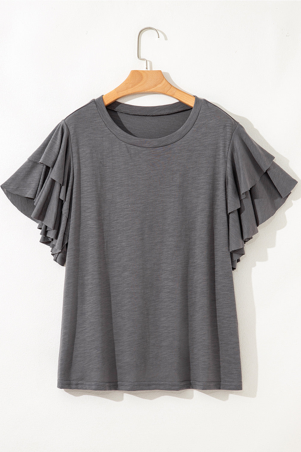 Dark Grey Double Ruffled Short Sleeve Plus Size Top-Plus Size/Plus Size Tops/Plus Size Tops & Tees-[Adult]-[Female]-2022 Online Blue Zone Planet