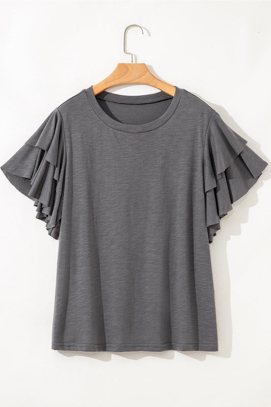 Dark Grey Double Ruffled Short Sleeve Plus Size Top-Plus Size/Plus Size Tops/Plus Size Tops & Tees-[Adult]-[Female]-2022 Online Blue Zone Planet
