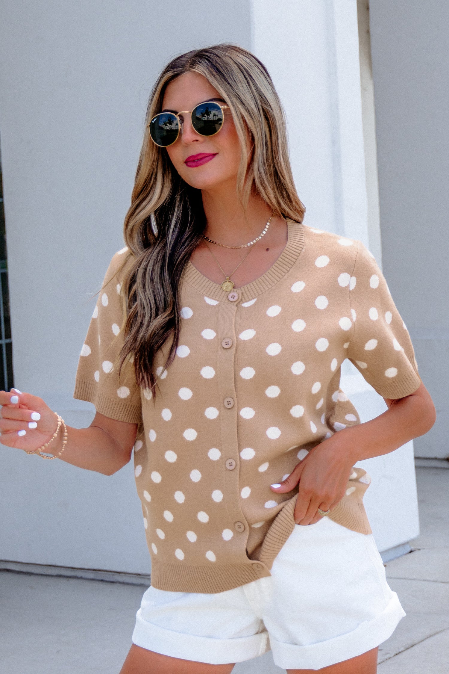Dark Khaki Polka Dot Short Sleeve Button Down Sweater Cardigan-Sweaters & Cardigans/Cardigans-[Adult]-[Female]-2022 Online Blue Zone Planet