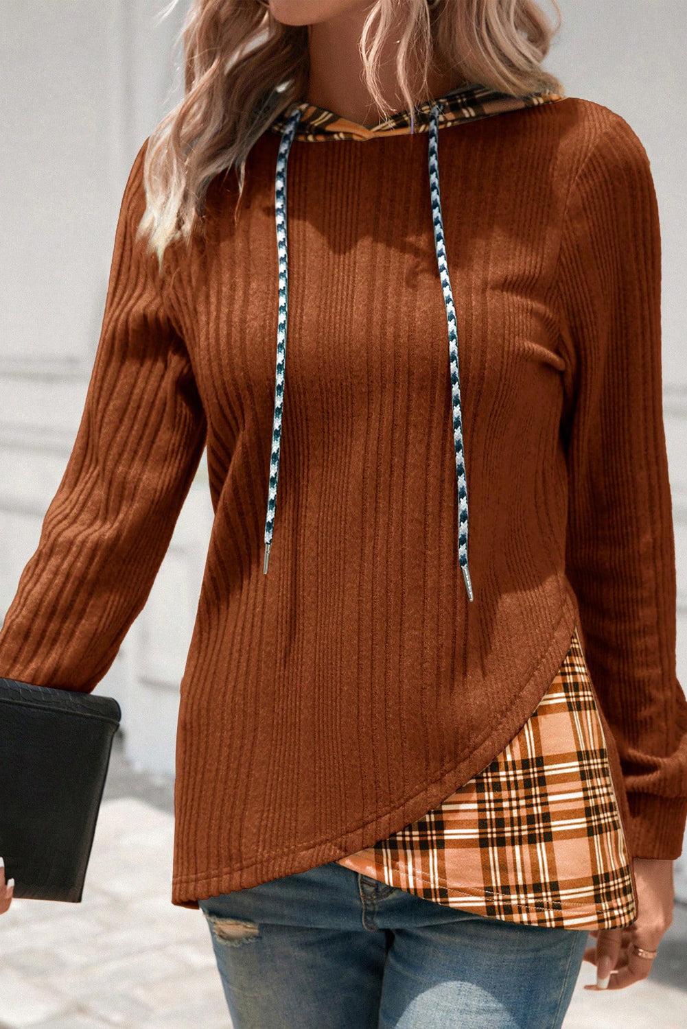 Chestnut Plaid Patchwork Ribbed Knit Drawstring Hooded Top-Tops / Dresses-[Adult]-[Female]-2022 Online Blue Zone Planet