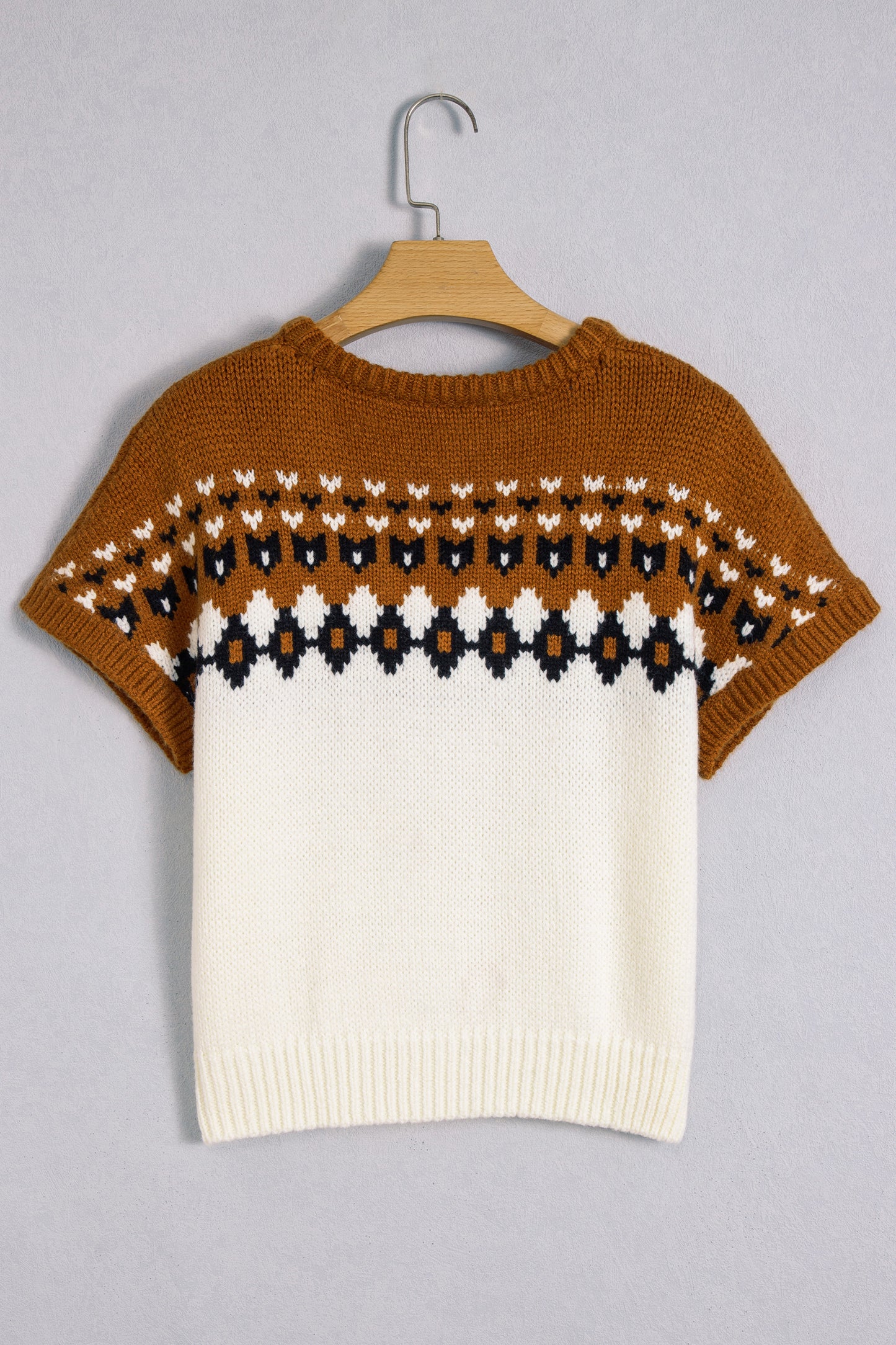 Brown V Neck Short Sleeve Geometric Print Western Style Knit Tee-Sweaters & Cardigans/Short Sleeve Sweaters-[Adult]-[Female]-2022 Online Blue Zone Planet