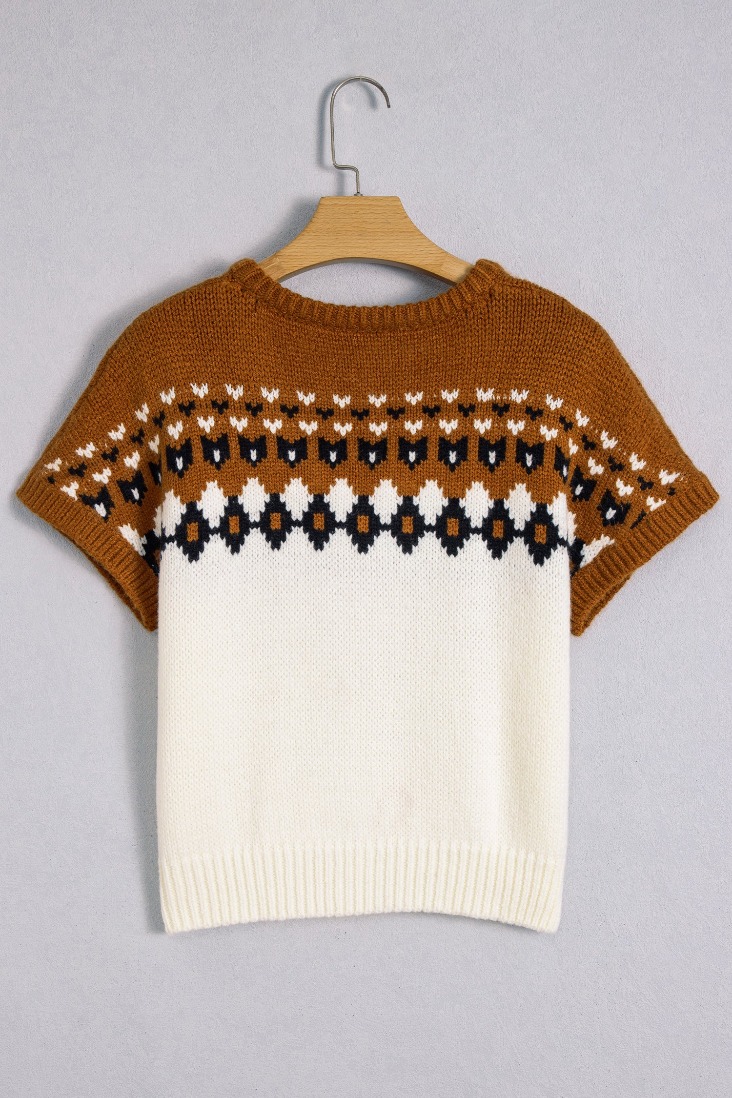 Brown V Neck Short Sleeve Geometric Print Western Style Knit Tee-Sweaters & Cardigans/Short Sleeve Sweaters-[Adult]-[Female]-2022 Online Blue Zone Planet