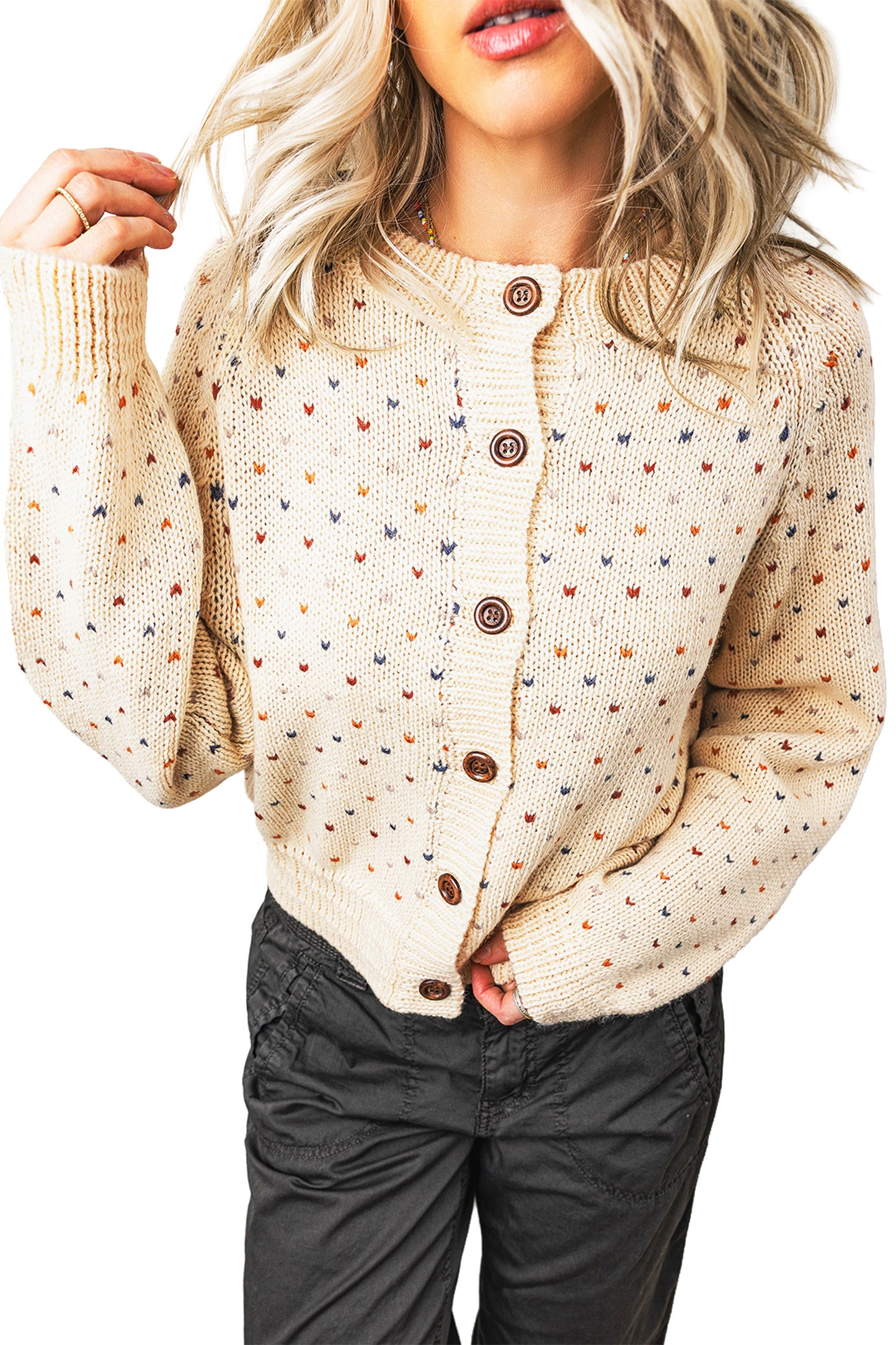 Beige Geometric Print Button Front Long Sleeve Regular Fit Cardigan-Sweaters & Cardigans/Cardigans-[Adult]-[Female]-2022 Online Blue Zone Planet