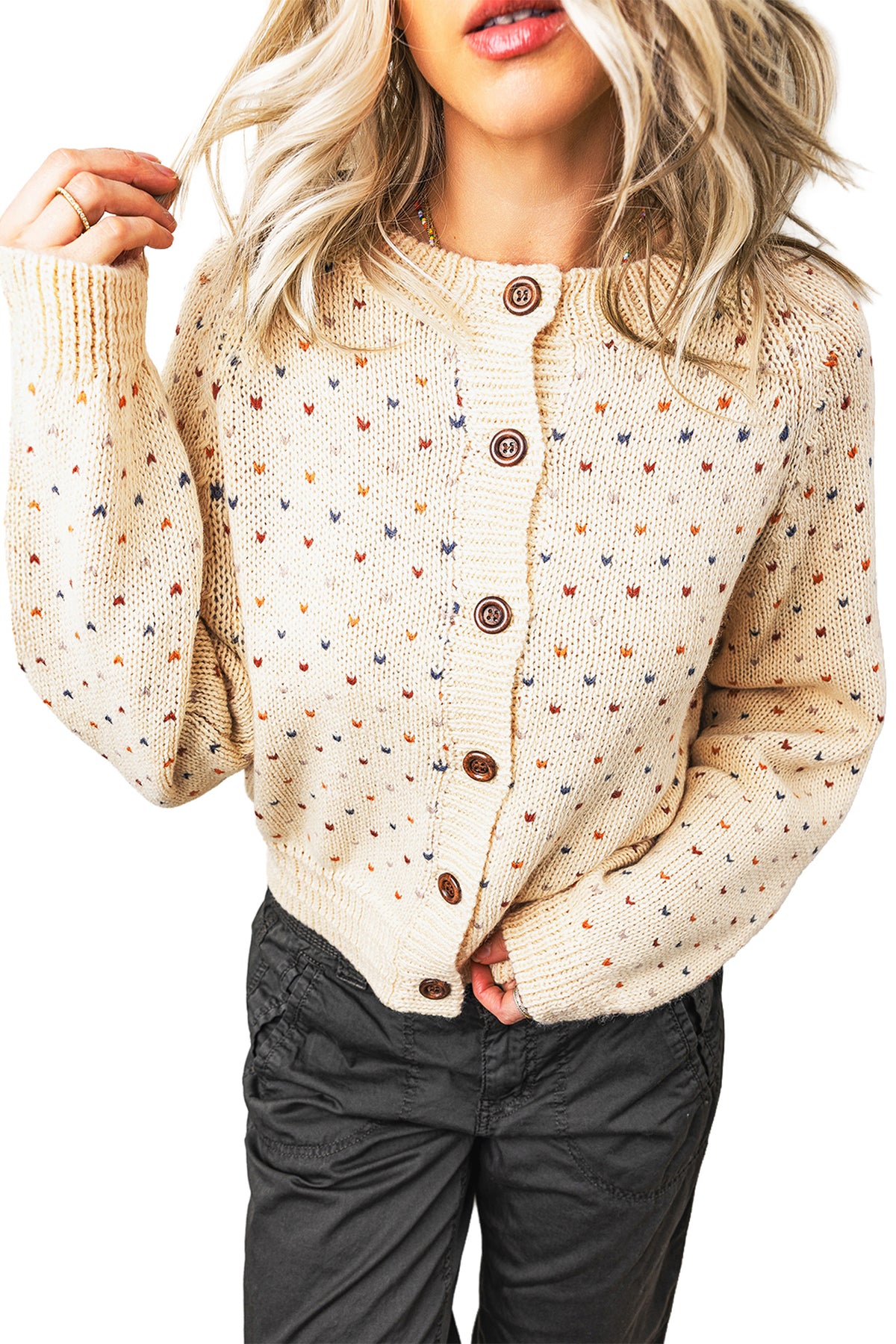 Beige Geometric Print Button Front Long Sleeve Regular Fit Cardigan-Sweaters & Cardigans/Cardigans-[Adult]-[Female]-2022 Online Blue Zone Planet