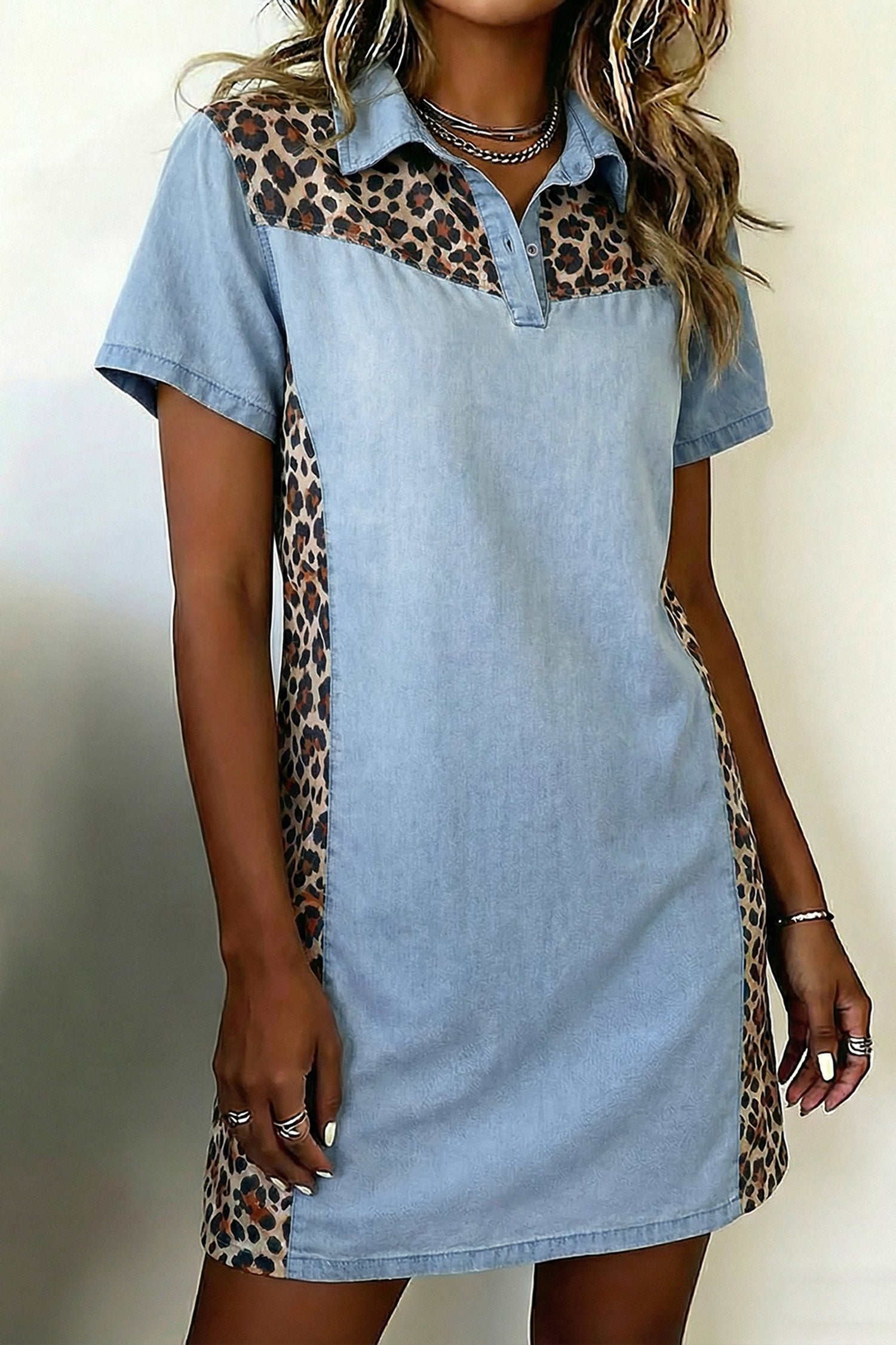 Myosotis Denim Color Block Leopard Patchwork Shirt Collar T Shirt Mini Dress-Dresses/T Shirt Dresses-[Adult]-[Female]-Myosotis-S-2022 Online Blue Zone Planet