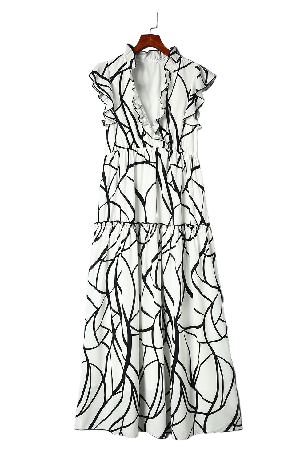 White Abstract Print V Neck Ruffle Maxi Dress-Maxi Dresses-[Adult]-[Female]-2022 Online Blue Zone Planet