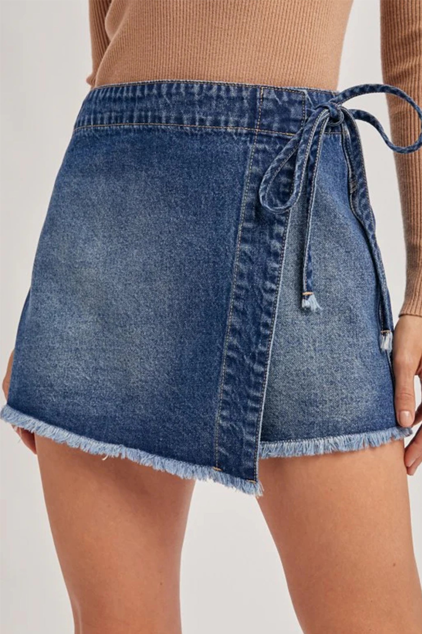 Ashleigh Blue Wrapped Tied Waist Denim Skort-Bottoms/Skirts & Petticoat-[Adult]-[Female]-2022 Online Blue Zone Planet