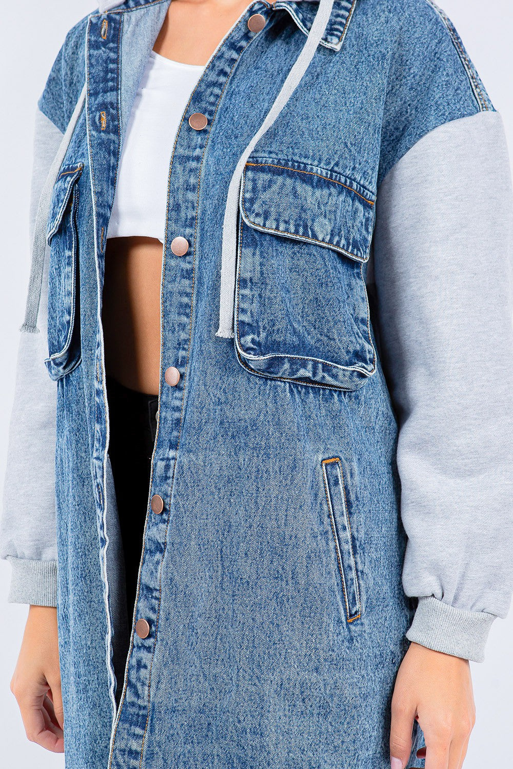 American Bazi Contrast Longline Hooded Denim Jacket-TOPS / DRESSES-[Adult]-[Female]-2022 Online Blue Zone Planet