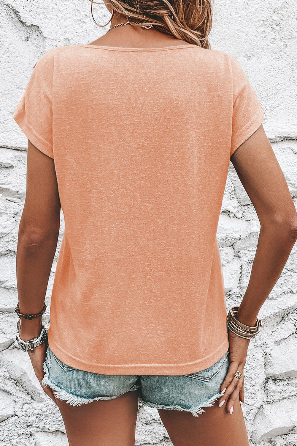 Apricot Pink Button Detail Batwing Sleeve Casual Tee-Tops/Tops & Tees-[Adult]-[Female]-2022 Online Blue Zone Planet