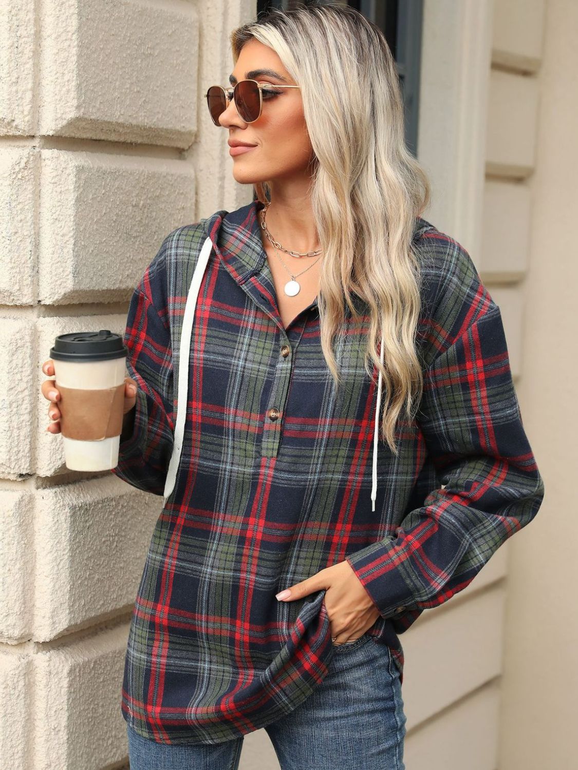 Blue Zone Planet | Drawstring Plaid Hooded Long Sleeve Top-TOPS / DRESSES-[Adult]-[Female]-2022 Online Blue Zone Planet