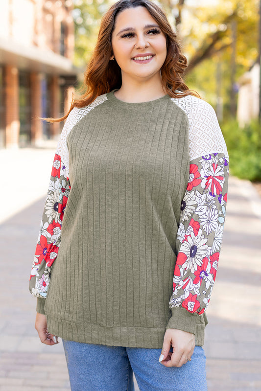 Vineyard Green Plus Size Textured Floral Patchwork Raglan Sleeve Blouse-Plus Size/Plus Size Tops/Plus Size Blouses & Shirts-[Adult]-[Female]-Vineyard Green-1X-2022 Online Blue Zone Planet