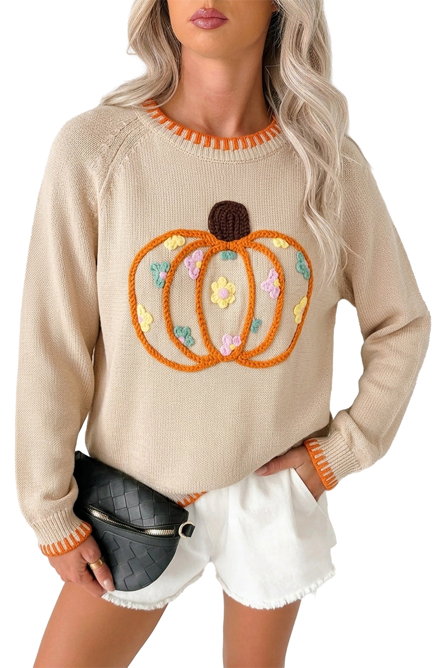 Parchment Floral Embroidery Pumpkin Long Sleeve Round Neck Sweater-Sweaters & Cardigans/Sweaters-[Adult]-[Female]-2022 Online Blue Zone Planet