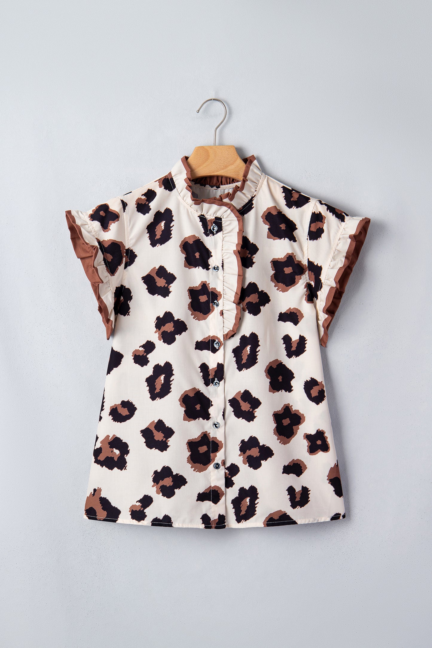 Khaki Leopard Printed Ruffle Sleeve Summer Blouse-Tops/Blouses & Shirts-[Adult]-[Female]-2022 Online Blue Zone Planet