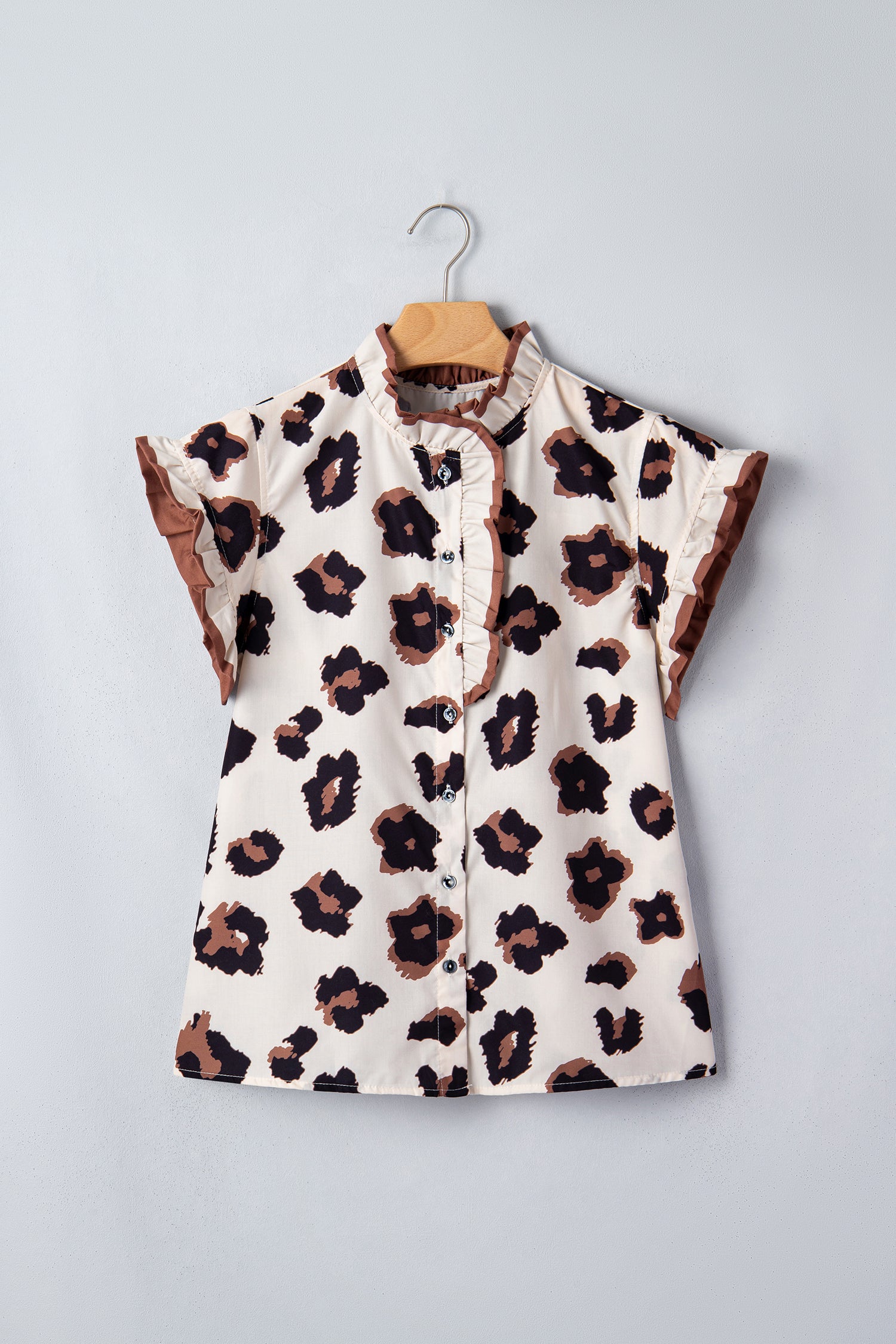 Khaki Leopard Printed Ruffle Sleeve Summer Blouse-Tops/Blouses & Shirts-[Adult]-[Female]-2022 Online Blue Zone Planet