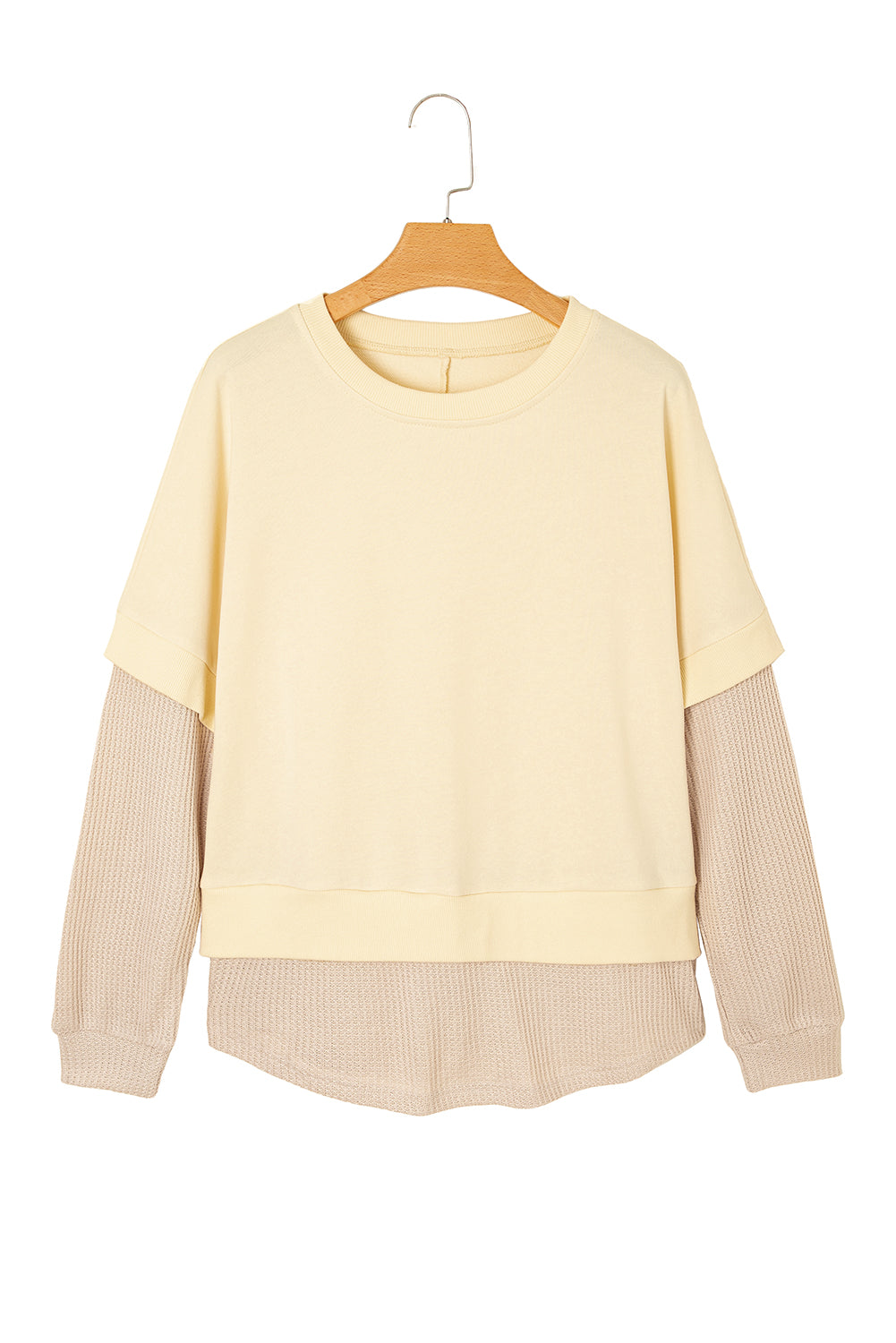 Apricot 2 In 1 Faux Two Piece Patchwork Round Neck Sweatshirt-Tops/Sweatshirts & Hoodies-[Adult]-[Female]-2022 Online Blue Zone Planet