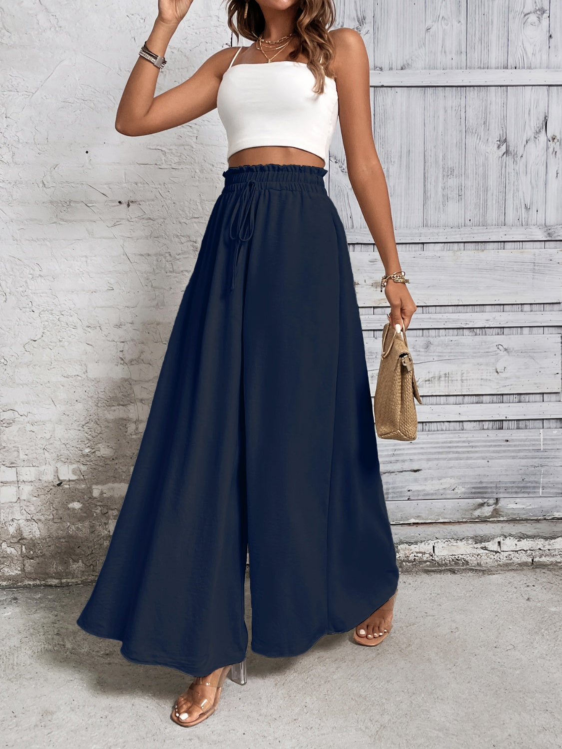 Honey Tied High Waist Wide Leg Pants-BOTTOMS SIZES SMALL MEDIUM LARGE-[Adult]-[Female]-Dark Blue-S-2022 Online Blue Zone Planet