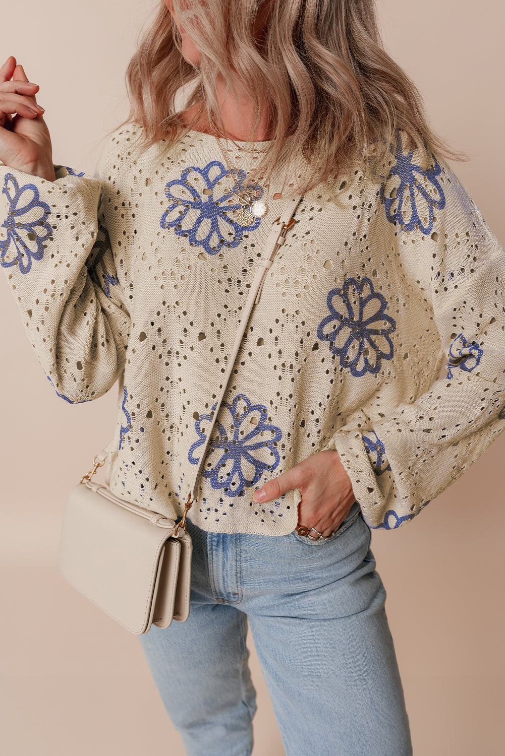 Beige Contrast Flower Print Eyelet Drop Shoulder Sweater-Sweaters & Cardigans/Sweaters-[Adult]-[Female]-2022 Online Blue Zone Planet