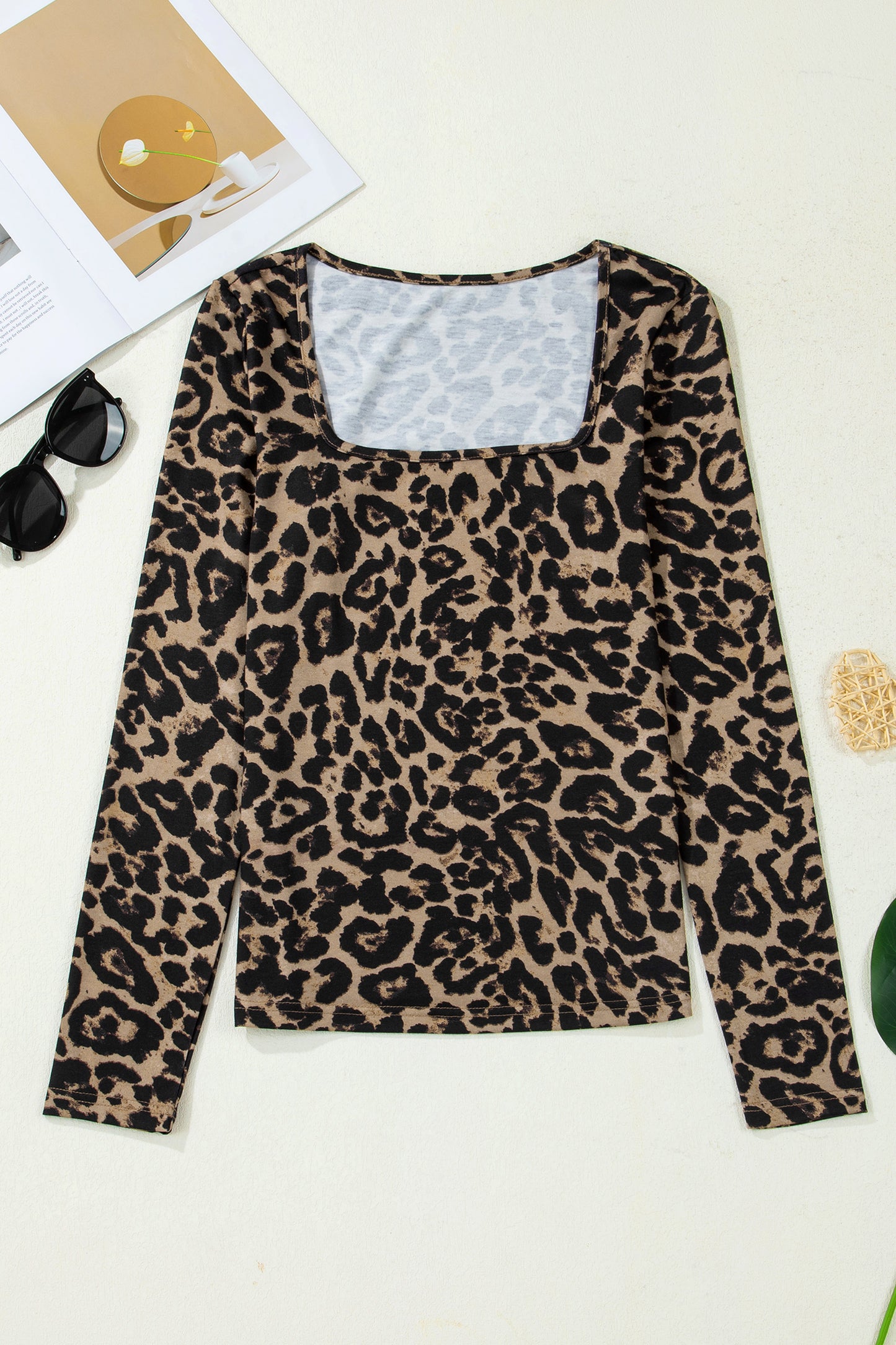 Desiree's Brown Leopard Print Slim Long Sleeve T Shirt-Tops/Long Sleeve Tops-[Adult]-[Female]-2022 Online Blue Zone Planet