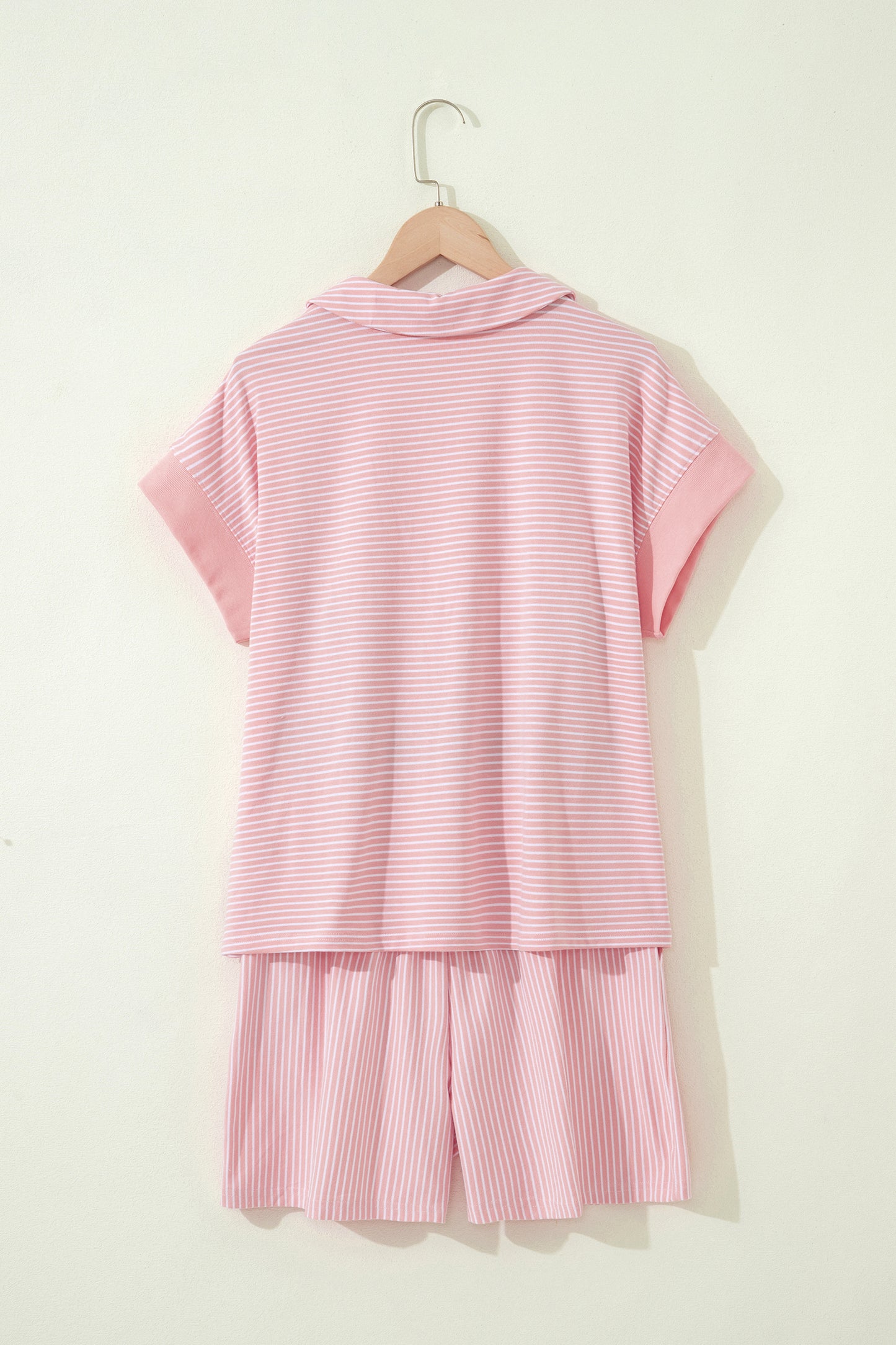 Khaki Stripe Dolman Sleeve Polo Shirt and Drawstring Shorts Set-Two Piece Sets/Short Sets-[Adult]-[Female]-2022 Online Blue Zone Planet