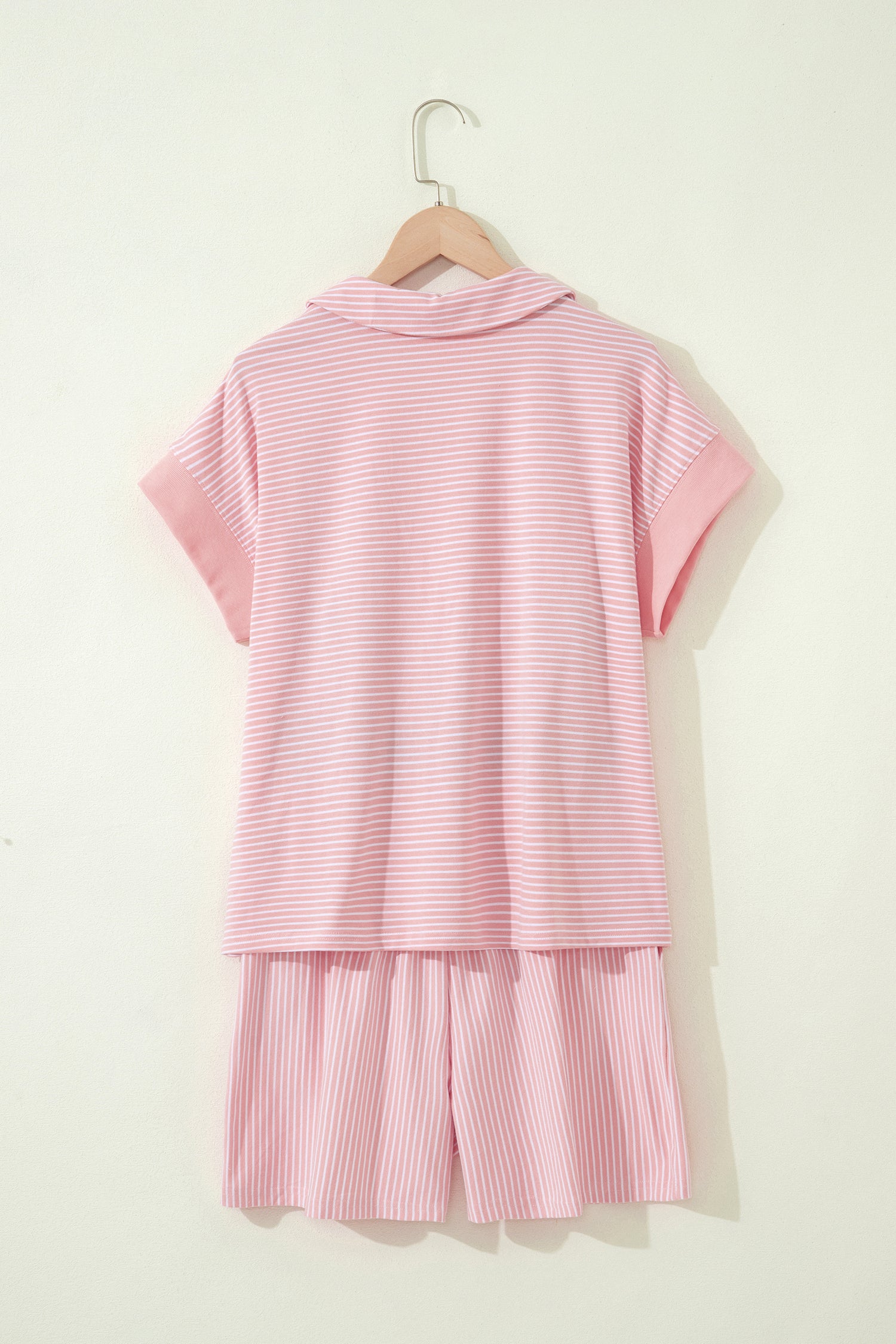 Khaki Stripe Dolman Sleeve Polo Shirt and Drawstring Shorts Set-Two Piece Sets/Short Sets-[Adult]-[Female]-2022 Online Blue Zone Planet