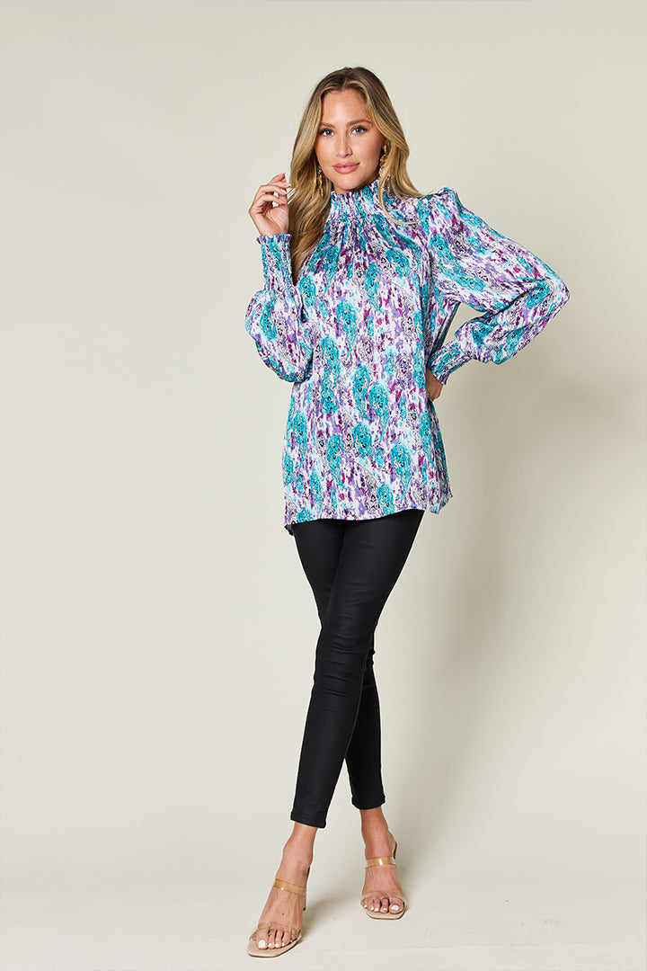 Blue Zone Planet | Double Take Full Size Printed Smocked Long Sleeve Blouse-TOPS / DRESSES-[Adult]-[Female]-2022 Online Blue Zone Planet