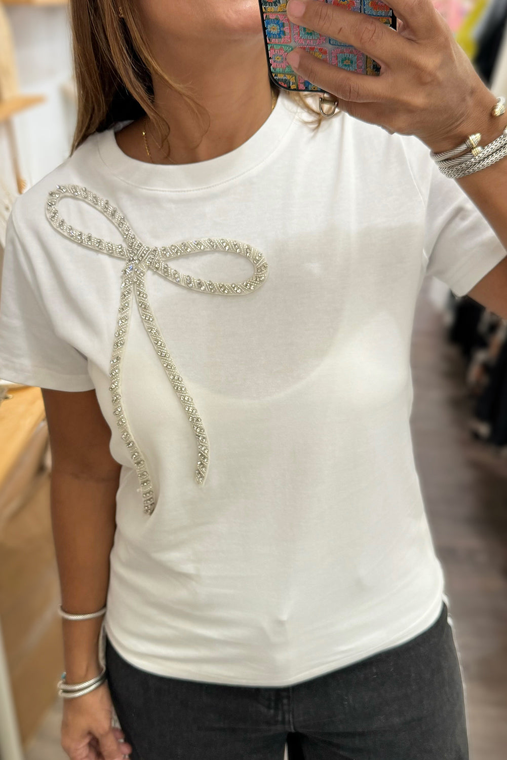 White Rhinestone Bow Embellished Round Neck Tee-Tops/Tops & Tees-[Adult]-[Female]-2022 Online Blue Zone Planet