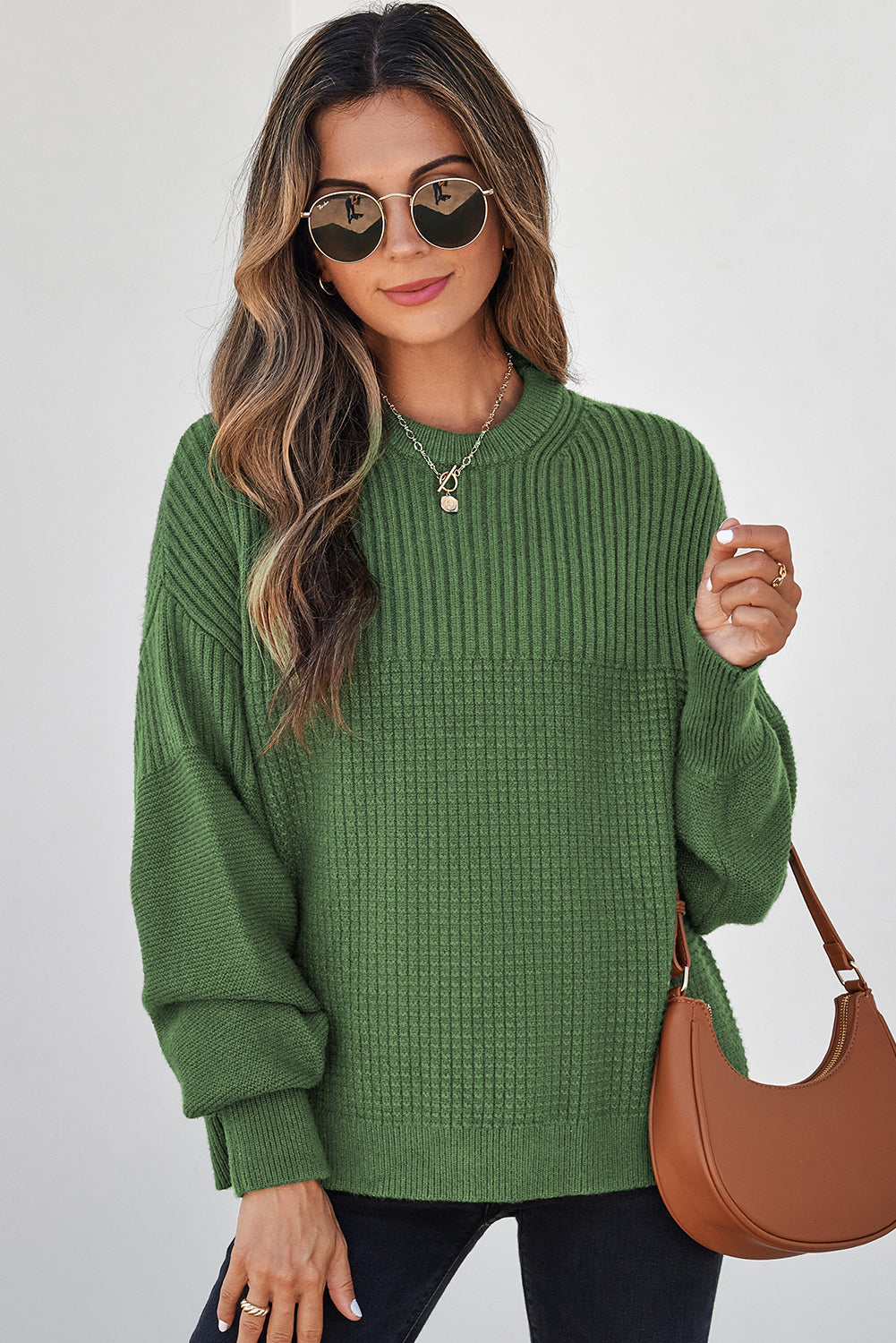 Vineyard Green Solid Color Mixed Textured Knitted Crew Neck Sweater-Sweaters & Cardigans/Sweaters-[Adult]-[Female]-2022 Online Blue Zone Planet