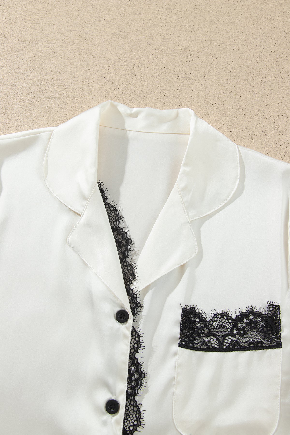 White Long Sleeve Lace Trim Button Front 2pcs Pajama Set