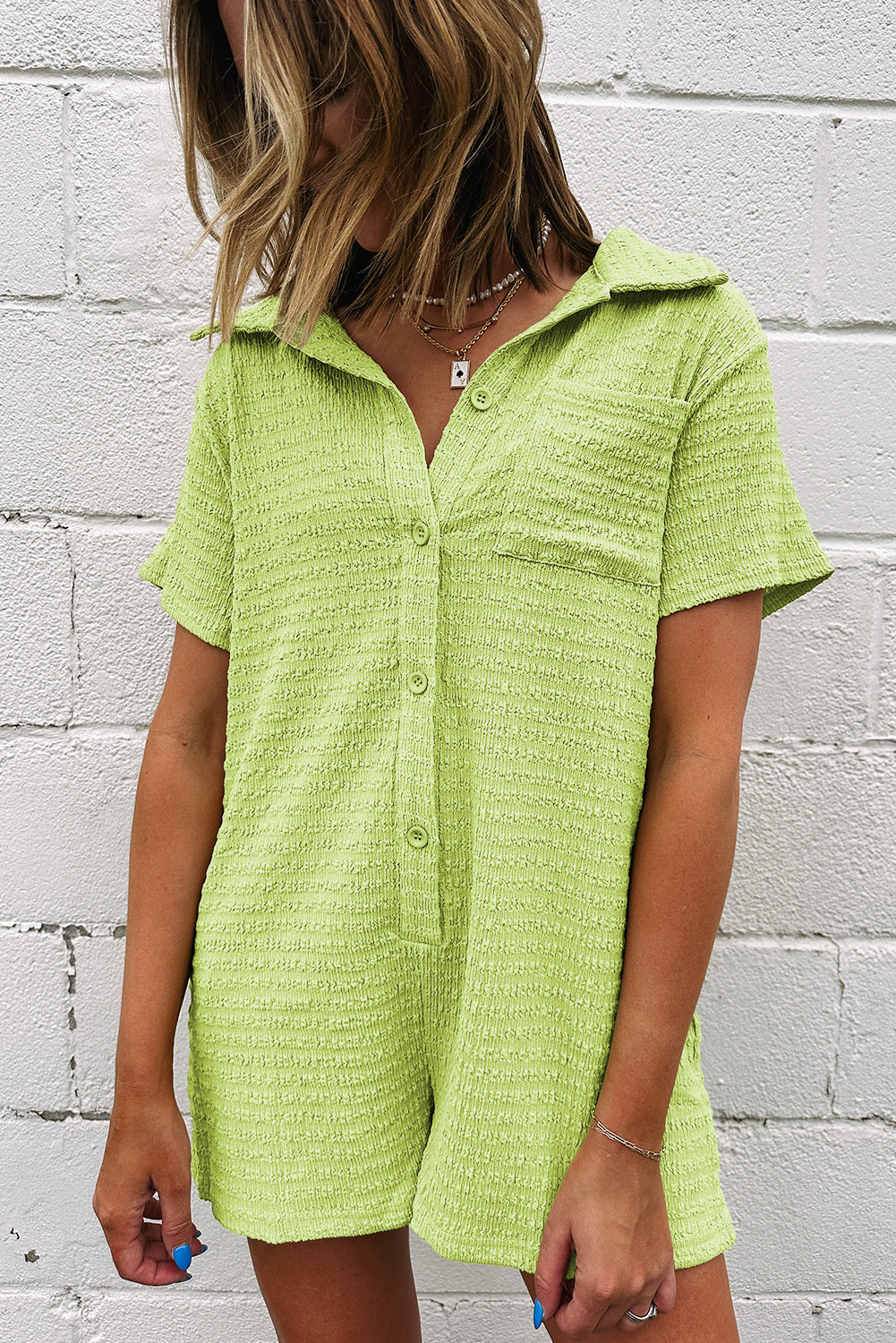 Meadow Mist Green Textured Short Sleeve Patched Pocket Buttoned Shirt Romper-Bottoms/Jumpsuits & Rompers-[Adult]-[Female]-2022 Online Blue Zone Planet