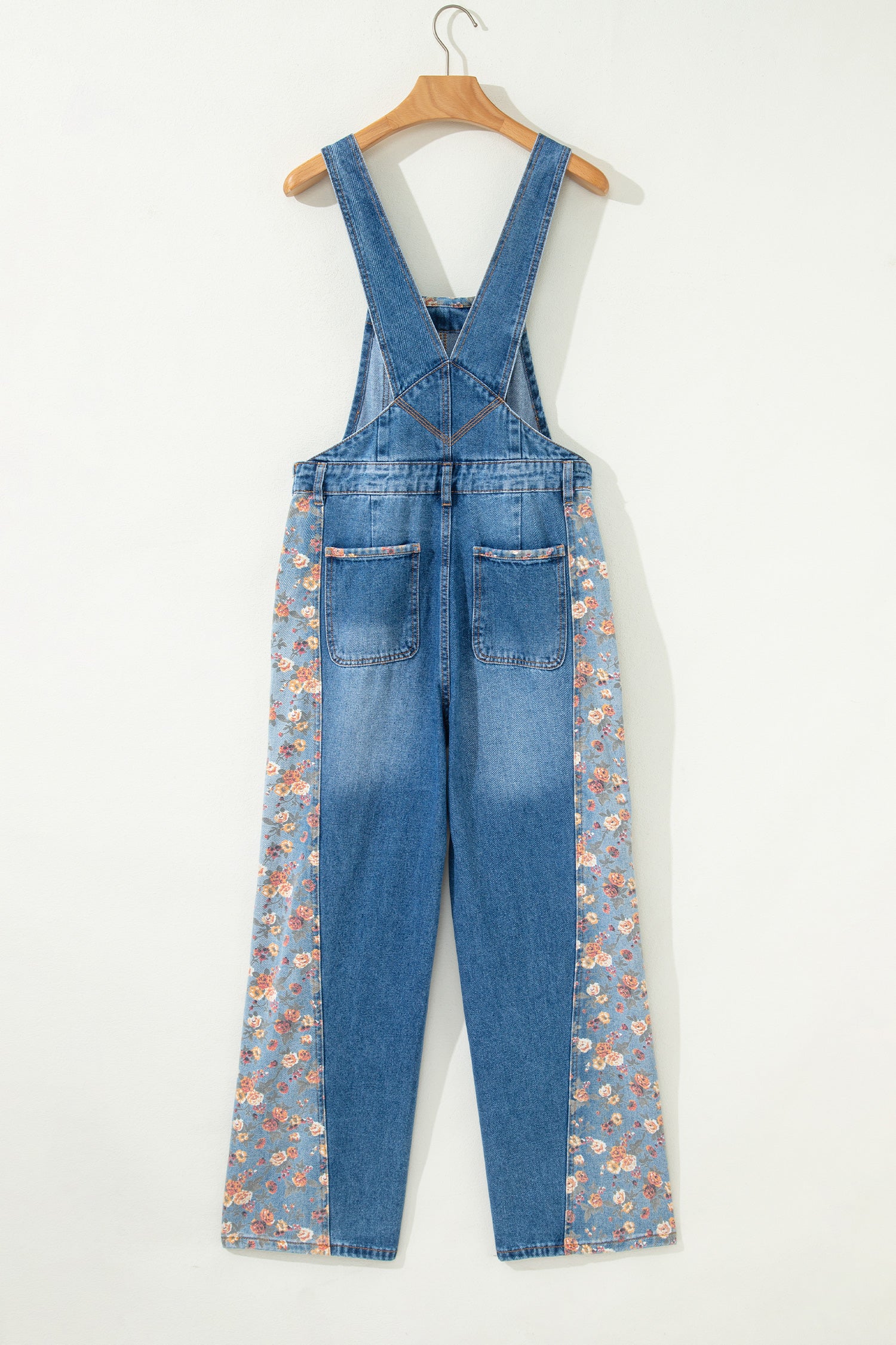 Peacock Blue Floral Patchwork Bib Denim Wide Leg Overalls-Bottoms/Jumpsuits & Rompers-[Adult]-[Female]-2022 Online Blue Zone Planet