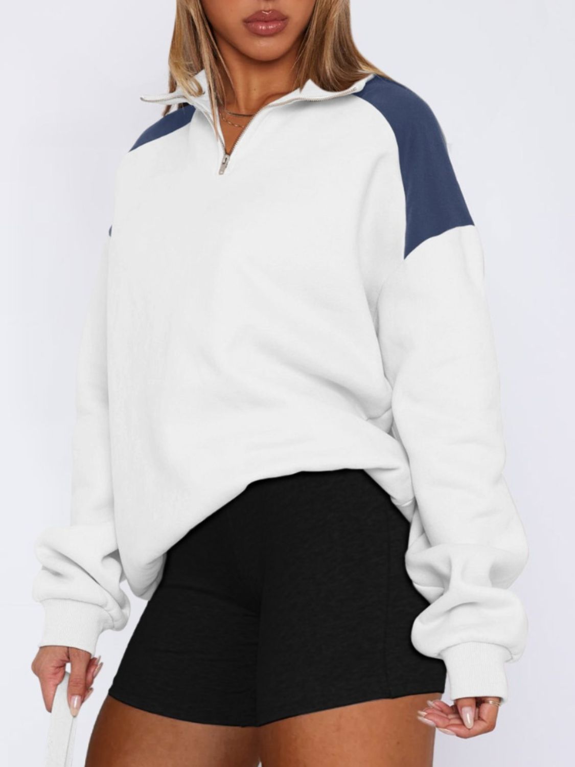 Contrast Quarter Zip Long Sleeve Sweatshirt-TOPS / DRESSES-[Adult]-[Female]-2022 Online Blue Zone Planet