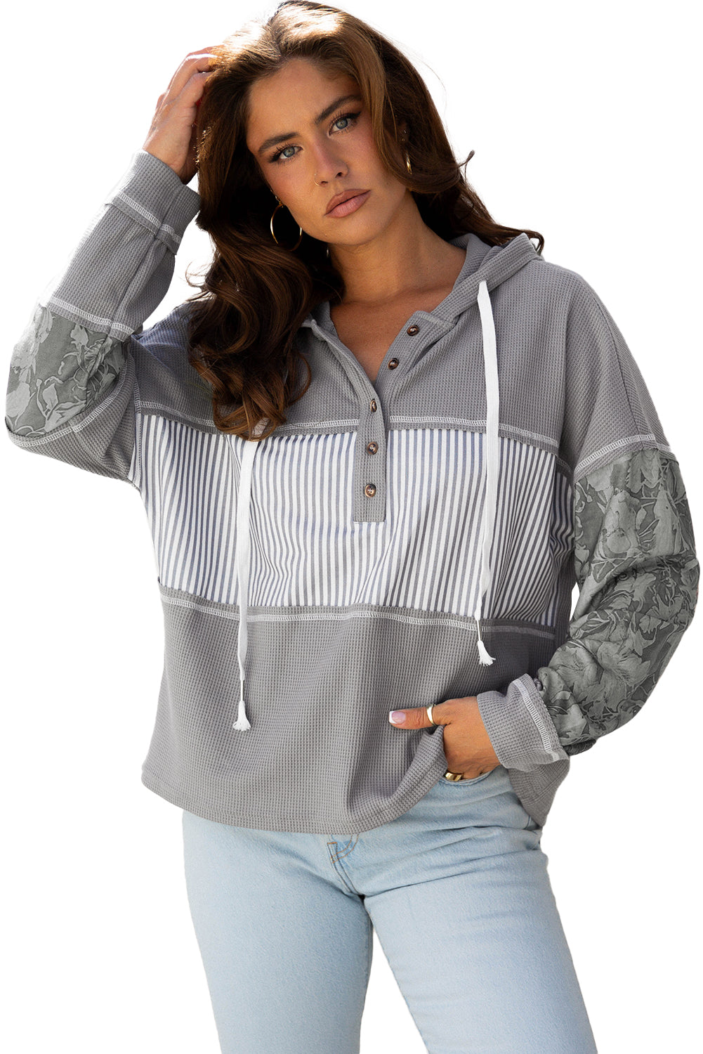 Gray Waffle Printed Patchwork Drawstring Hooded Long Sleeve Top-Tops / Dresses-[Adult]-[Female]-2022 Online Blue Zone Planet