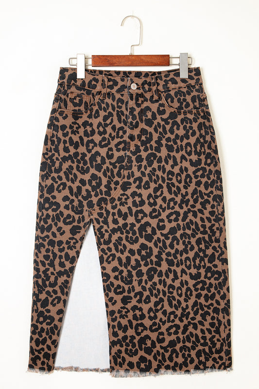 Brown Leopard Denim Frayed Split Denim Midi Skirt-Bottoms/Skirts & Petticoat-[Adult]-[Female]-2022 Online Blue Zone Planet