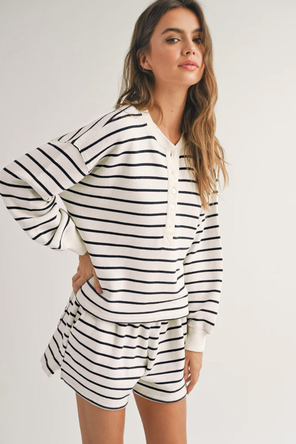 Black White Stripes Printed Half Button Long Sleeve Top And Shorts Set-Two Piece Sets/Short Sets-[Adult]-[Female]-2022 Online Blue Zone Planet