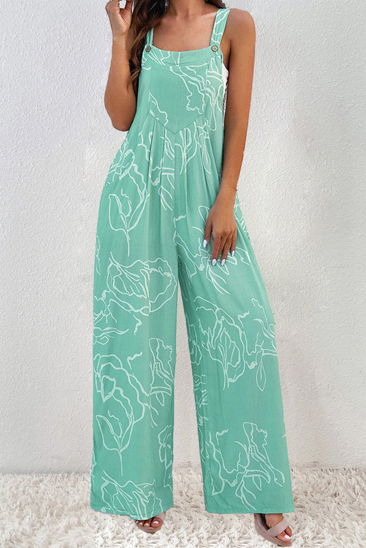 Printed Wide Strap Jumpsuit-TOPS / DRESSES-[Adult]-[Female]-Turquoise-S-2022 Online Blue Zone Planet