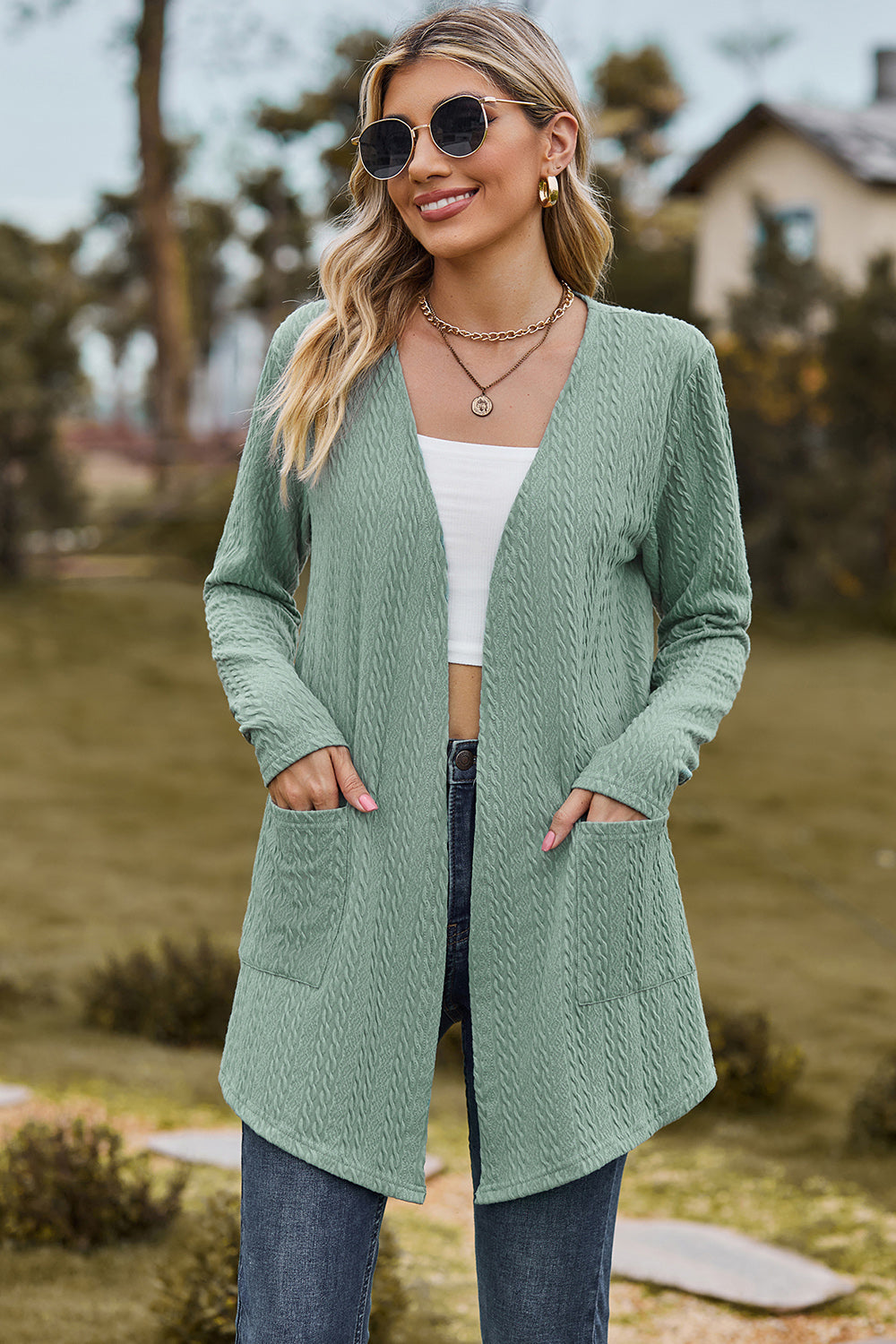 Open Front Long Sleeve Cardigan-TOPS / DRESSES-[Adult]-[Female]-Light Green-S-2022 Online Blue Zone Planet