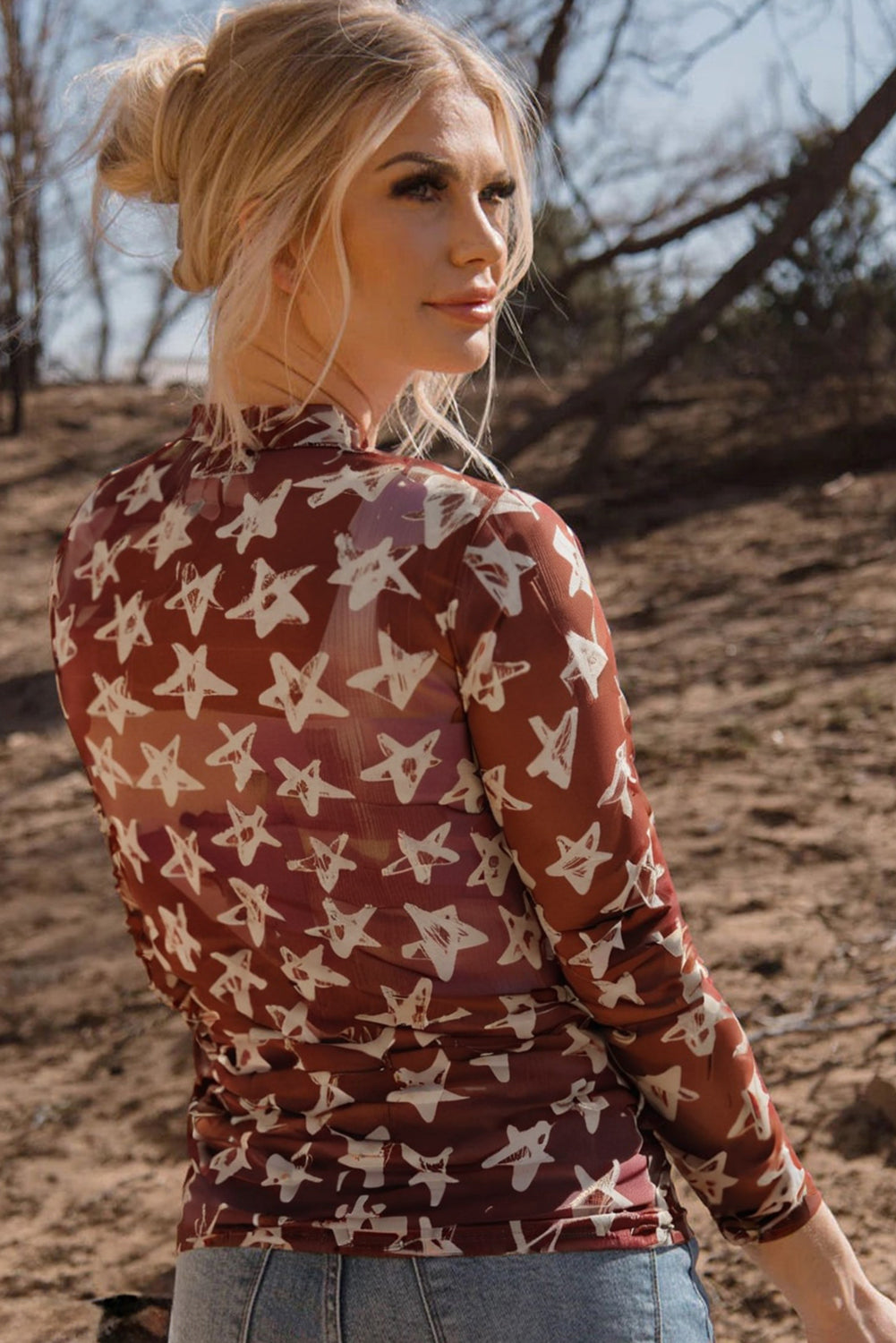 Red Mesh Star Print Mock Neck Sheath Long Sleeve Top-Tops/Long Sleeve Tops-[Adult]-[Female]-2022 Online Blue Zone Planet