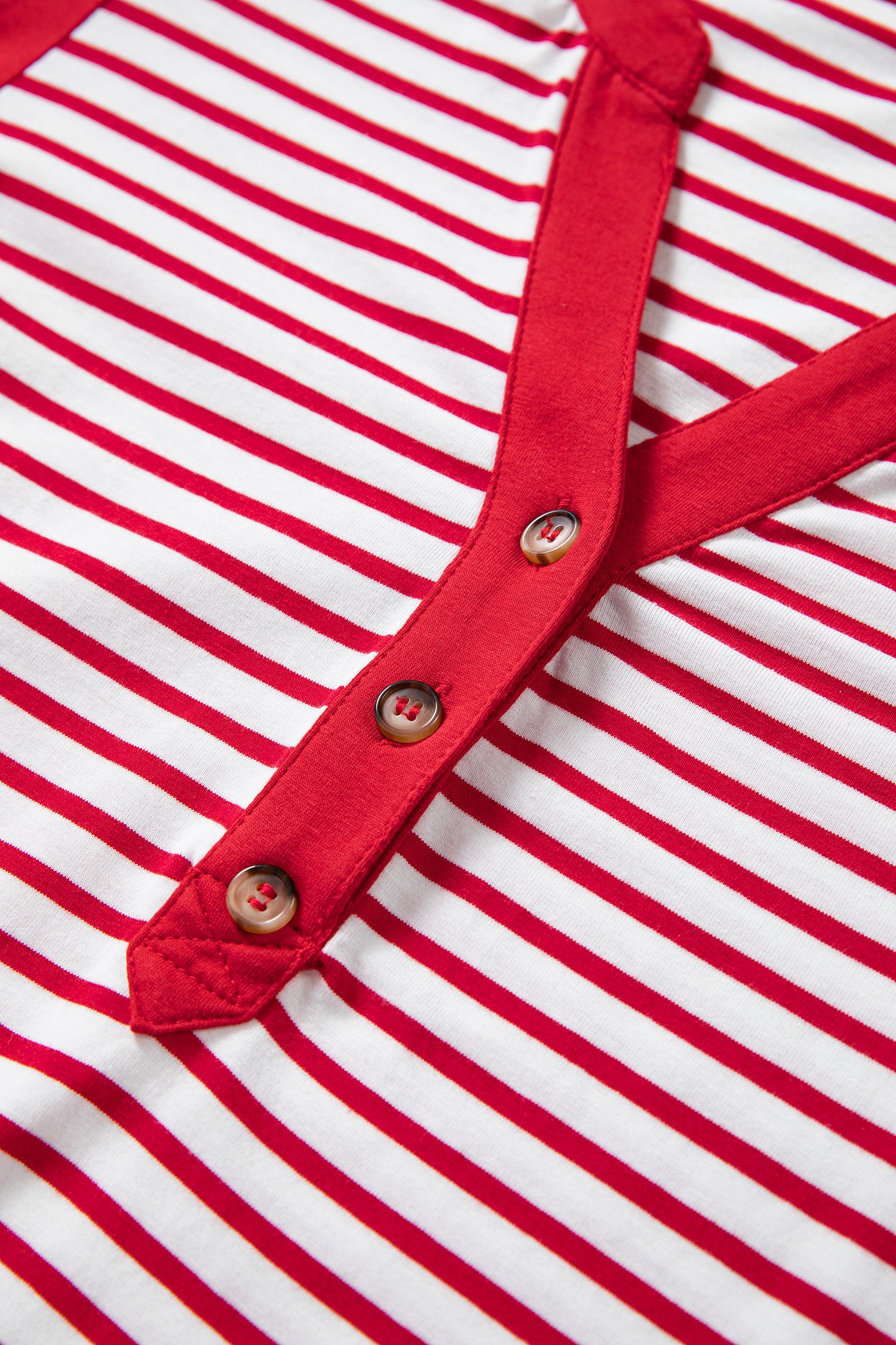 Red Stripe Half Placket V Neck Contrast 3/4 Sleeve Patchwork Top-Tops/Long Sleeve Tops-[Adult]-[Female]-2022 Online Blue Zone Planet