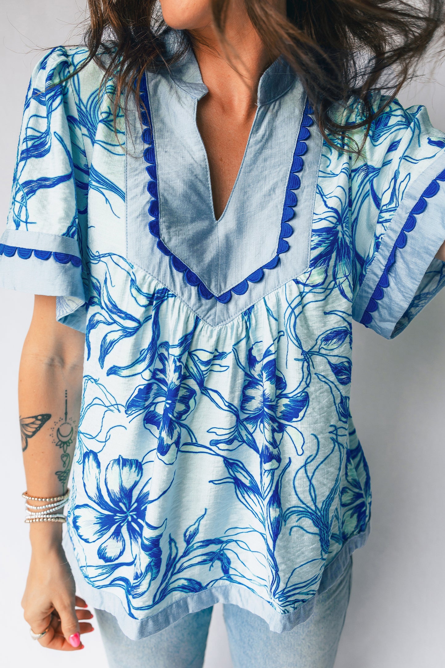 Sky Blue Ricrac Trim Slit V Neck Short Sleeve Floral Blouse-Tops/Blouses & Shirts-[Adult]-[Female]-2022 Online Blue Zone Planet